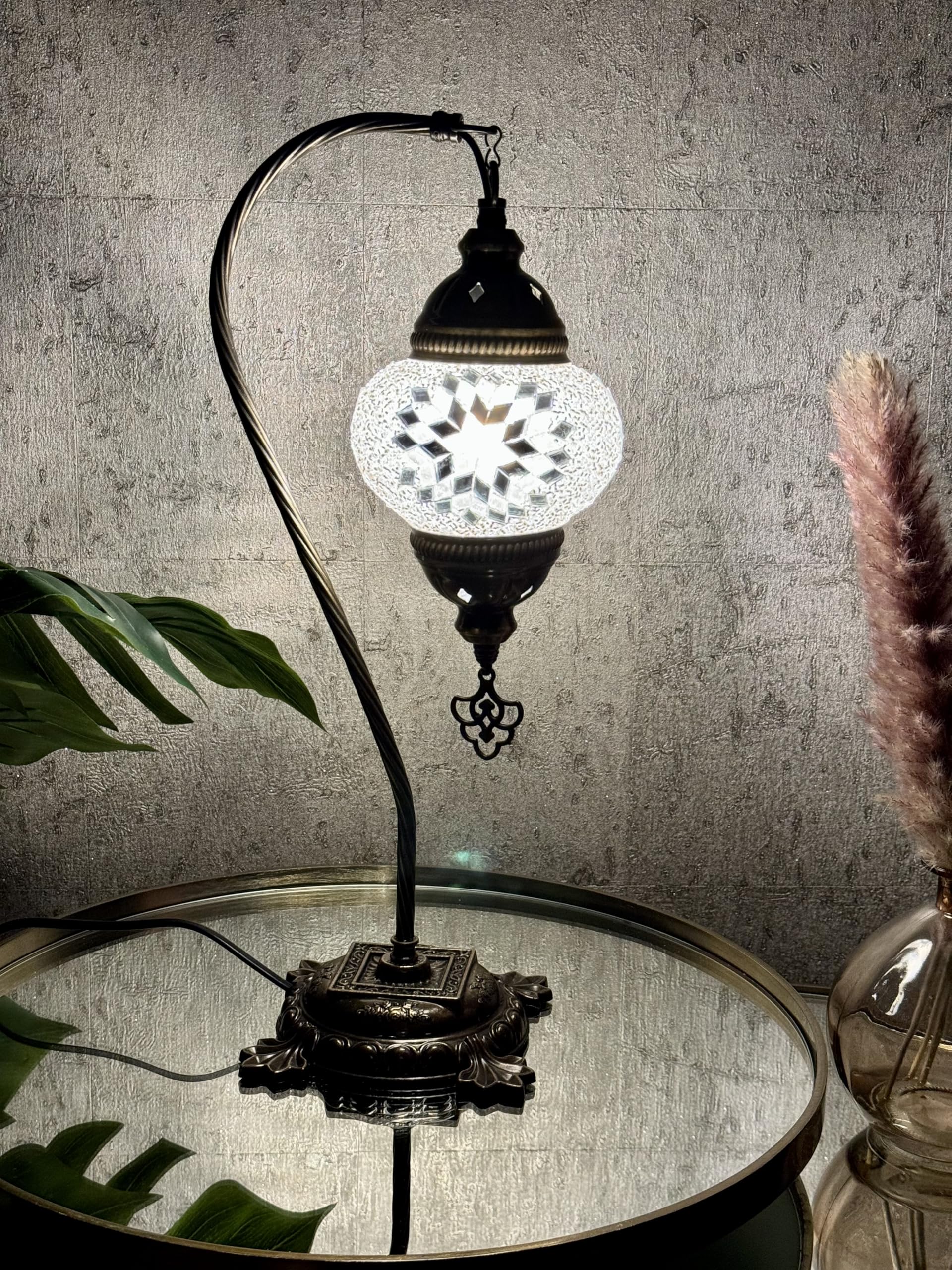 Lightza Handmade Turkish Moroccan Mosaic Desk Lamp LED Bulb | Swan Neck Unique Globe Lampshade Table Light | UK Tested Safe Energy Efficient (White Big Flower) โ image 1