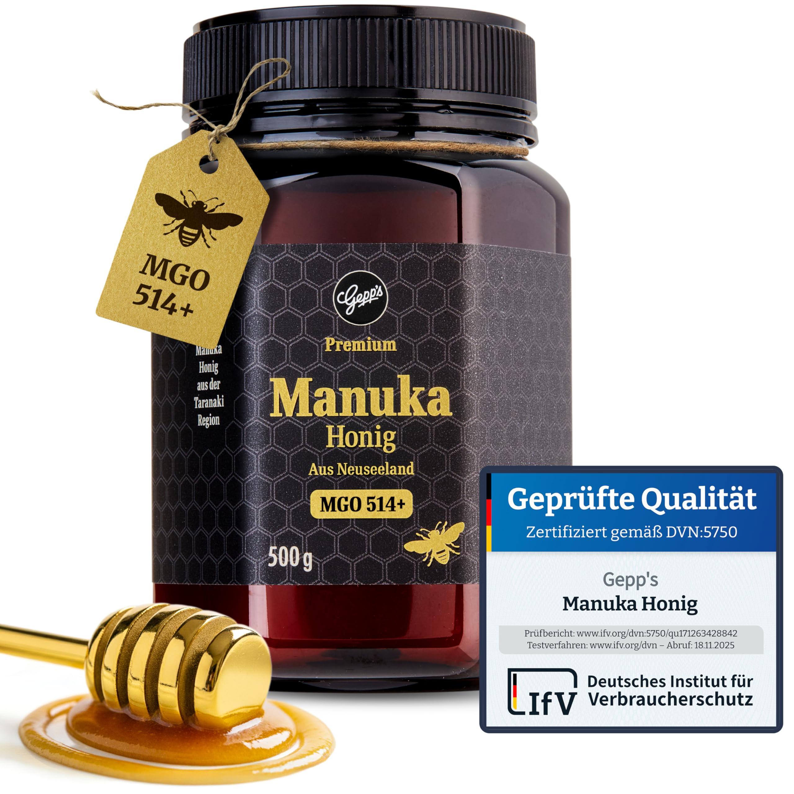 Gepp's Feinkost Manuka Honig 500 g, hohe Reinheit von 514+ MGO I Manuka-Honig aus Taranaki, Neuseeland I Superfood Manuka, cremig & aromatisch I Preisgekrönter & IfV-zertifiziert
