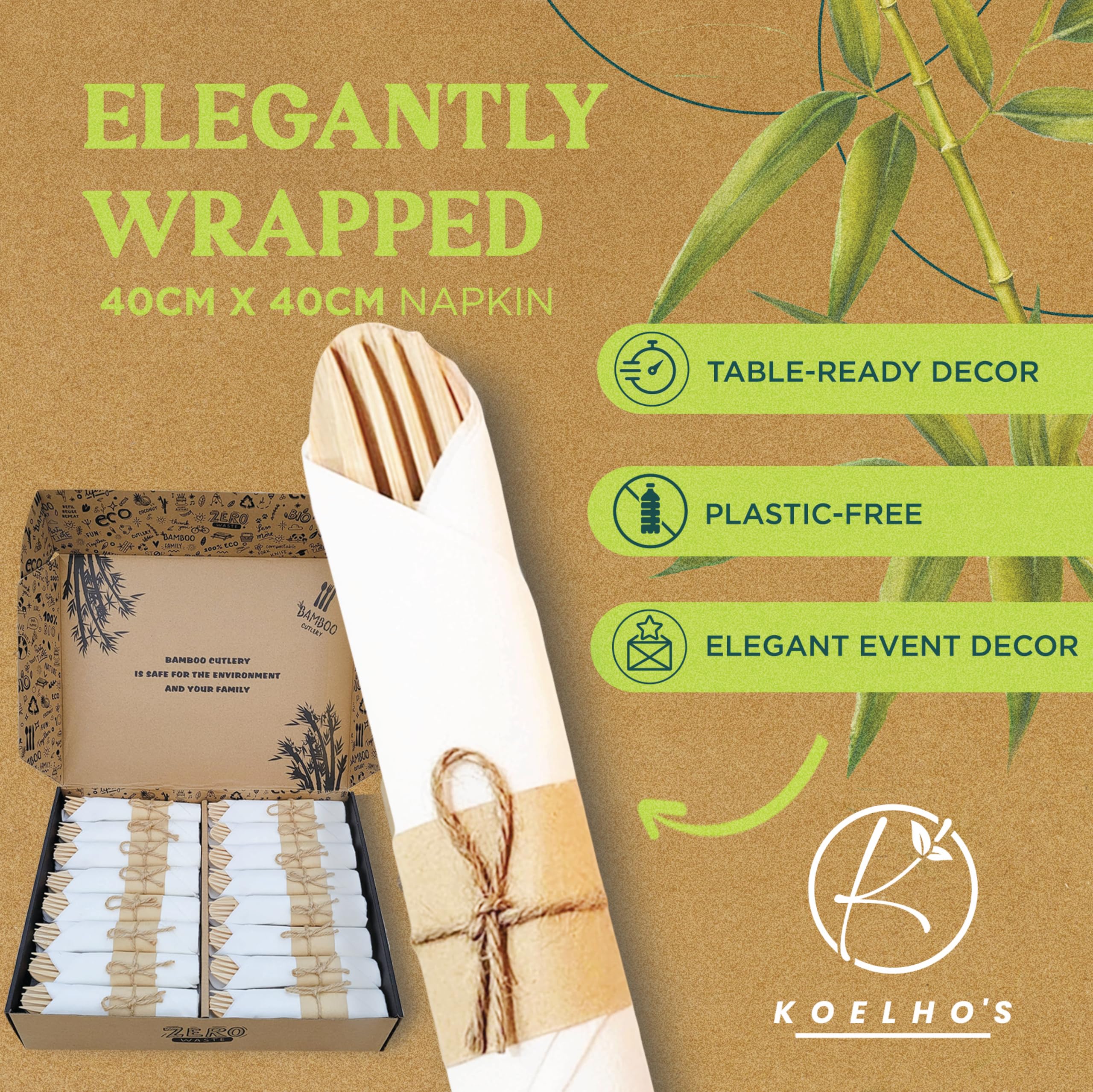 KOELHO'S Juego de cubiertos de bambú 100 % natural, 24 cuchillos, 24 tenedores y 24 cucharas, juego de utensilios de bambú reutilizables para fiestas, bodas, pícnics (paquete de 48)