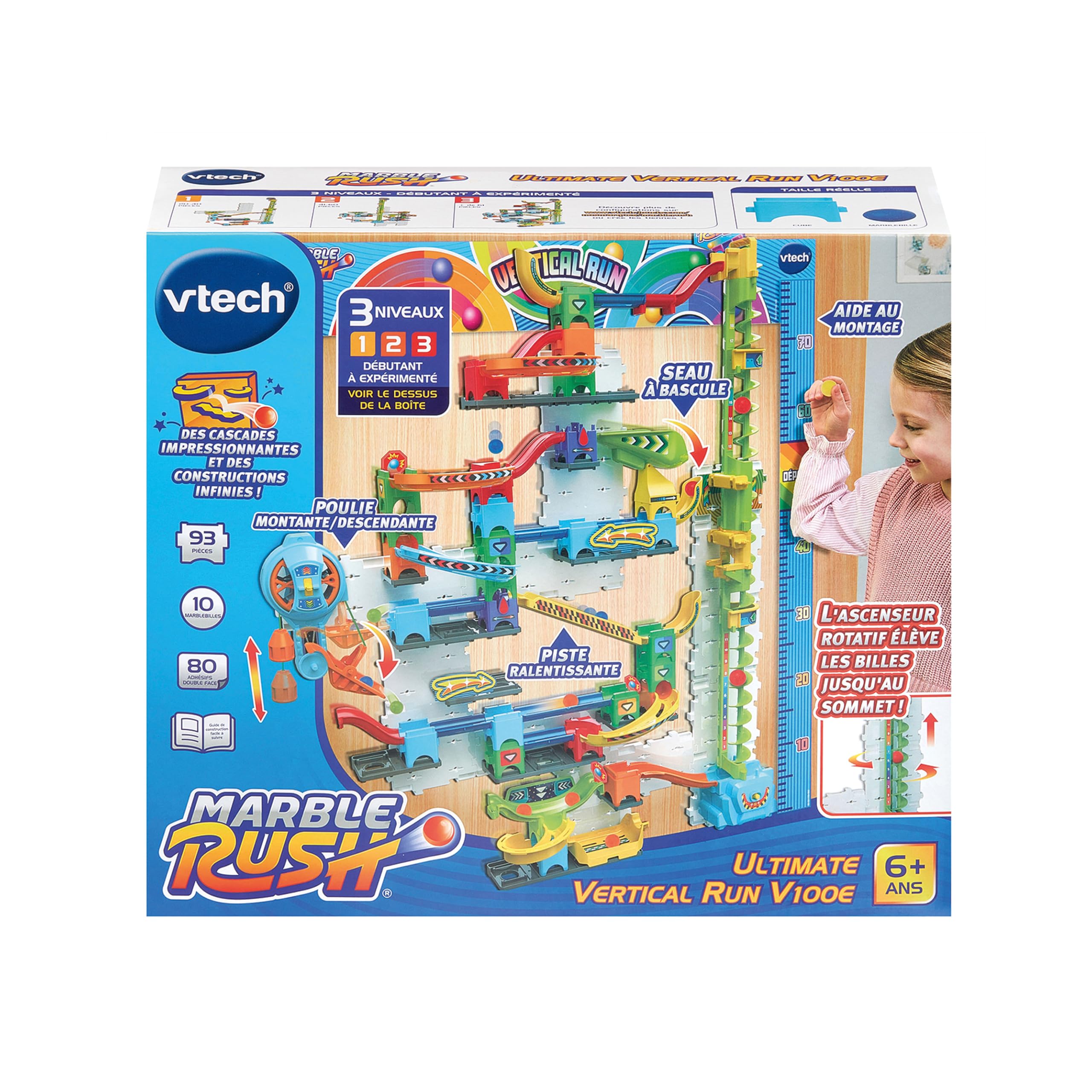 VTech - Marble Rush Ultimate Vertical Run V100E - Circuit à Billes Électronique à la Verticale, 93 Pièces et 10 Billes - Jeu de Construction à Fixer - Cadeau Enfant Dès 6 Ans - Contenu en Français