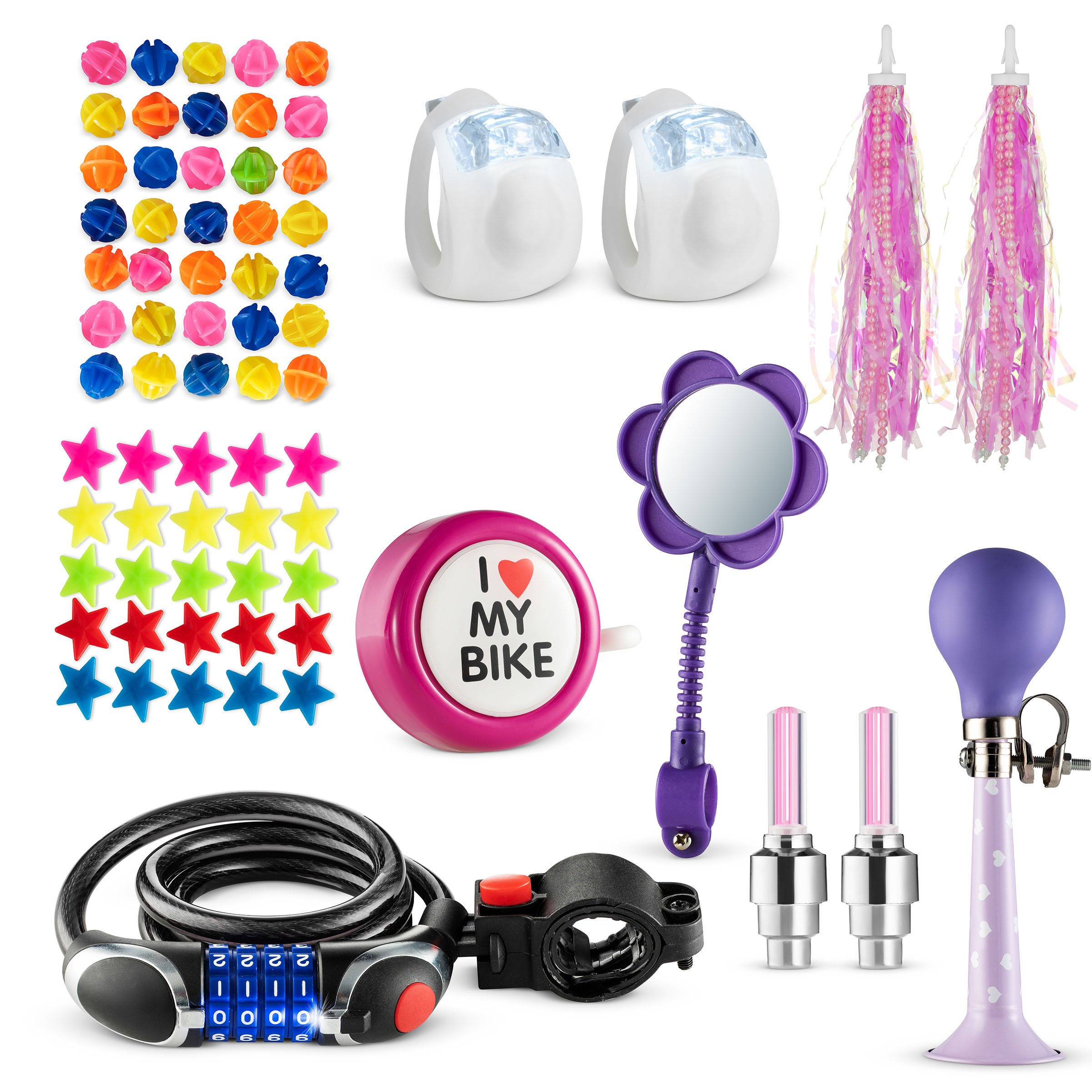 Bike Decoration & Accessories Kit for Kids - Includes Bike Spoke Beads, Bike Mirror, Bike Bell, Bicycle Wheel Lights, Safety Silicone Lights, Bike Chain