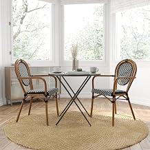 Merrick Lane Celia Indoor/Outdoor Bistro Stack Chair with Arms - Black & White PE Rattan Seat - Natural Metal Frame - Set of Two
