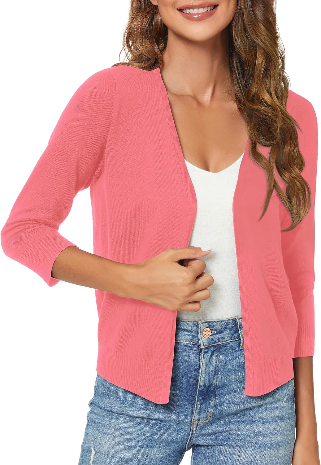 Urban CoCo Women's 3/4 Sleeve Shrugs Open Front Cropped Sweater Cardigan - Image 2