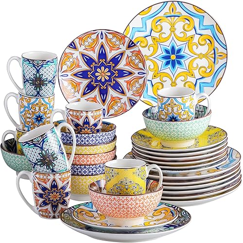 vancasso Jasmin Dinner Set 32pcs Porcelain Hand Painted Arabic Style Dinner Set for 8 People Set Combined Dinner Plates Dessert Bowls Mixed Color