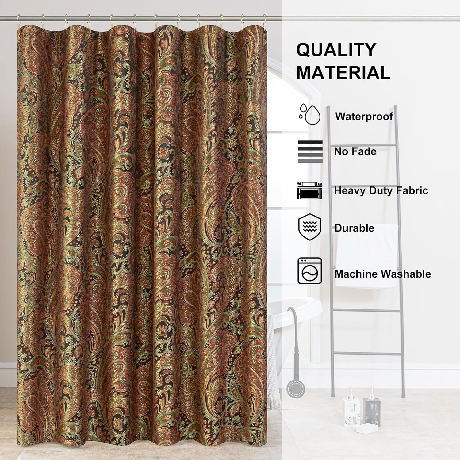 Loom and Mill Textured Fabric Shower Curtain Set with 12 Metal Hooks, Classic Paisley Design Bathroom Shower Curtain Sets, Waterproof Heavyweight Shower Curtain for Home Bathroom(72x72, Multi Color)