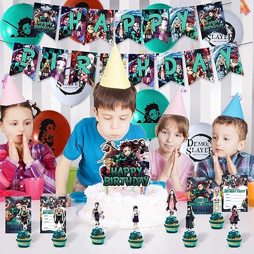 Miniatura 4 de 112 piezas de decoraciones de fiesta de Demon Slayer, suministros de fiesta de cumpleaños con temática de Demon Slayer, recuerdos con pancarta de