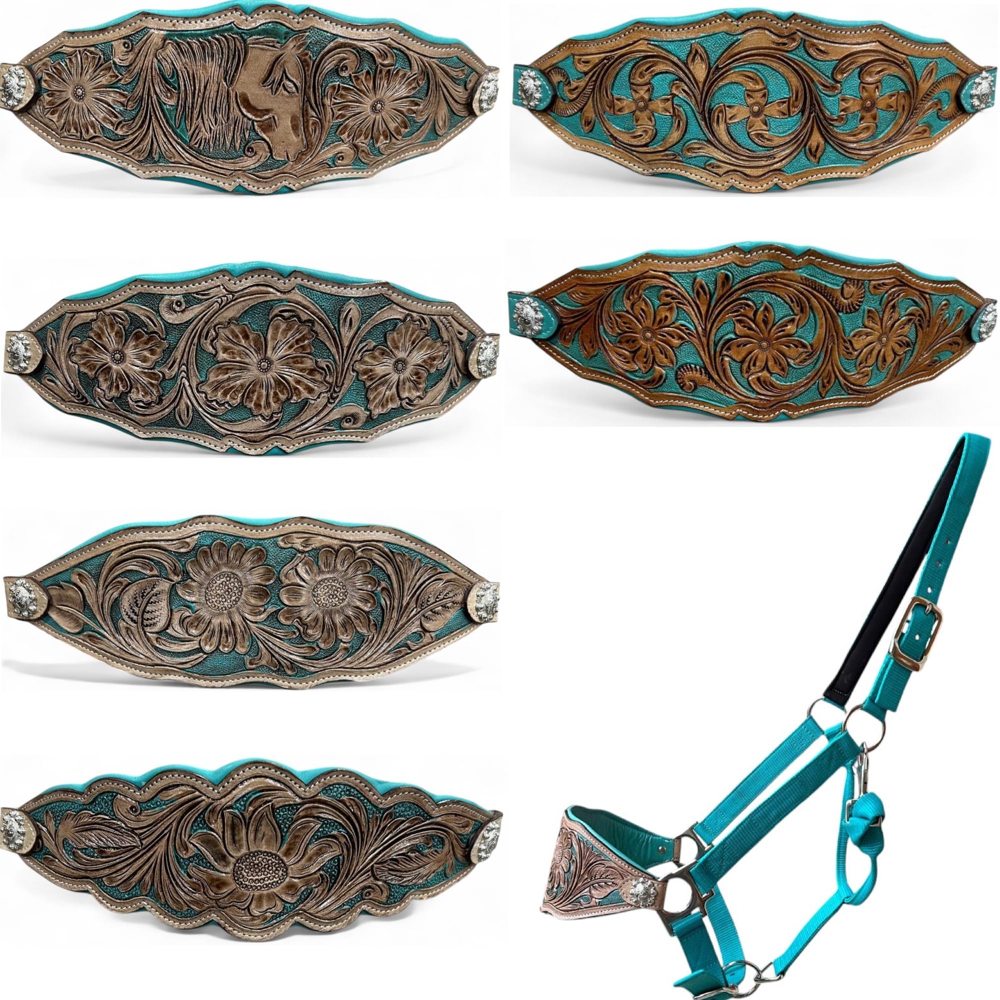 Majestic Ally Western Horse Bronc Halfter, türkis, gepolstertes Leder-Reithalfter, Antik-Finish, gedrehtes Blumendesign, verstellbares Nylon