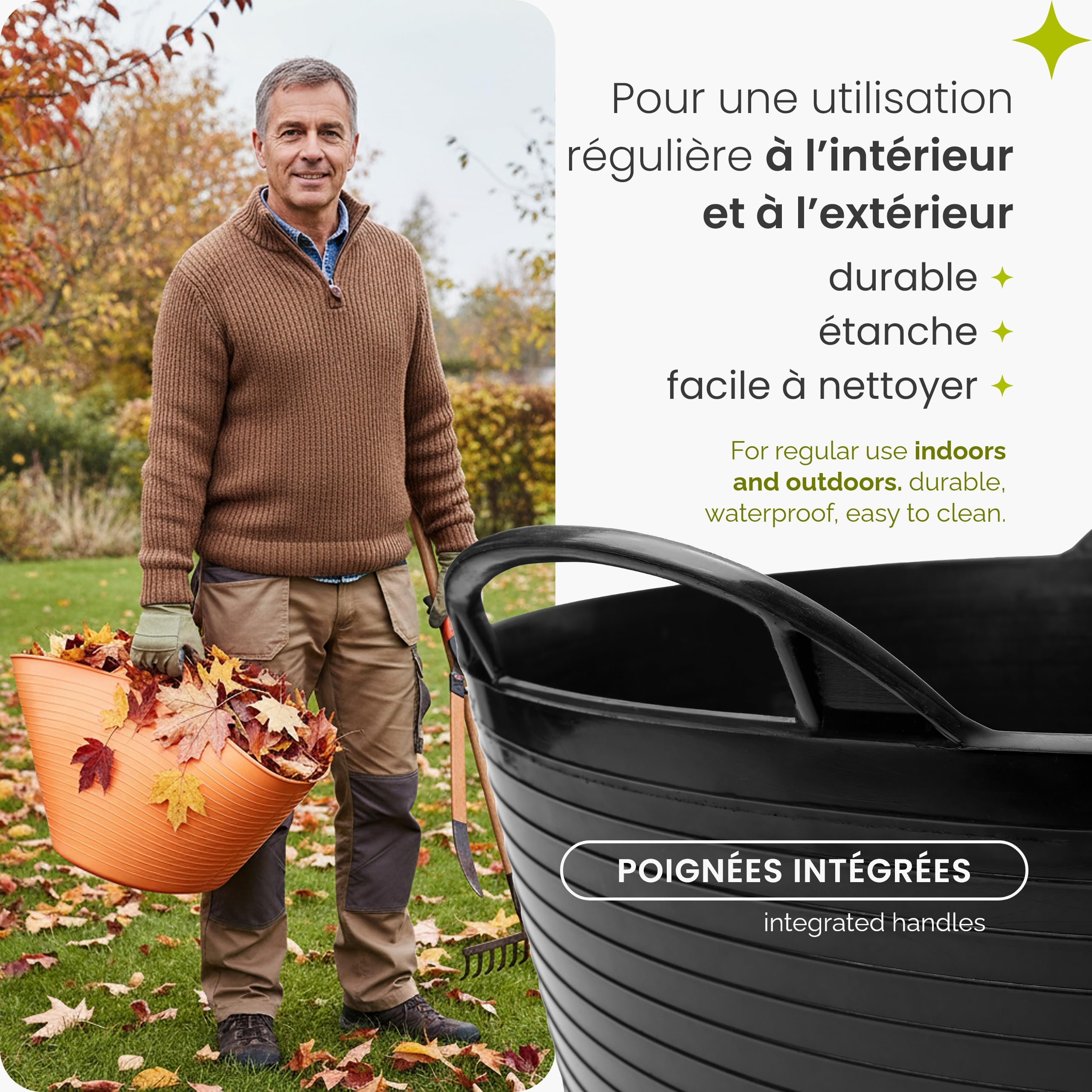 Garronda Lot de 2 seaux flexibles en polypropylène 26 L bacs universels usage maison jardin garage atelier coffre rangement transport poignées intégrées robustes GD-0183, Noir