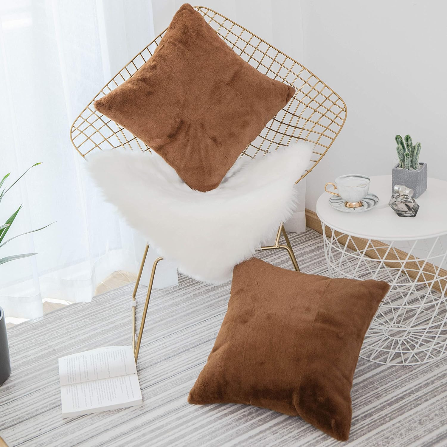 Home Brilliant 26x26 Pillow Covers Decorations Plush Fluffy European Euro Pillow Shams Cover Large Throw Pillows for Bench Couch, Set of 2, 66x66 cm, Brown