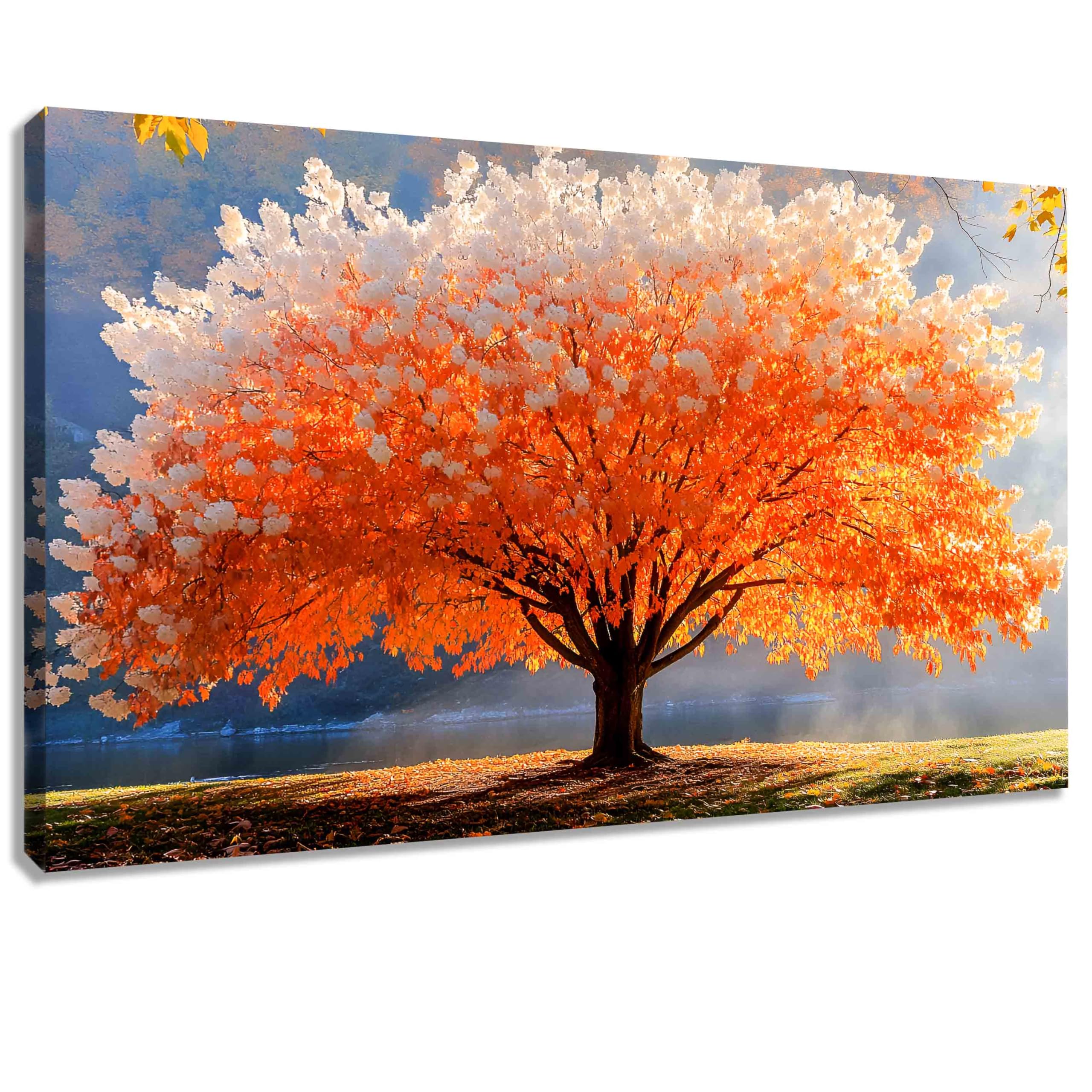Wandbild Abstrakte kunst, Leinwandbild Bilder für Wohnzimmer kunst Herbst - Baum Am See fertig zum aufhängen