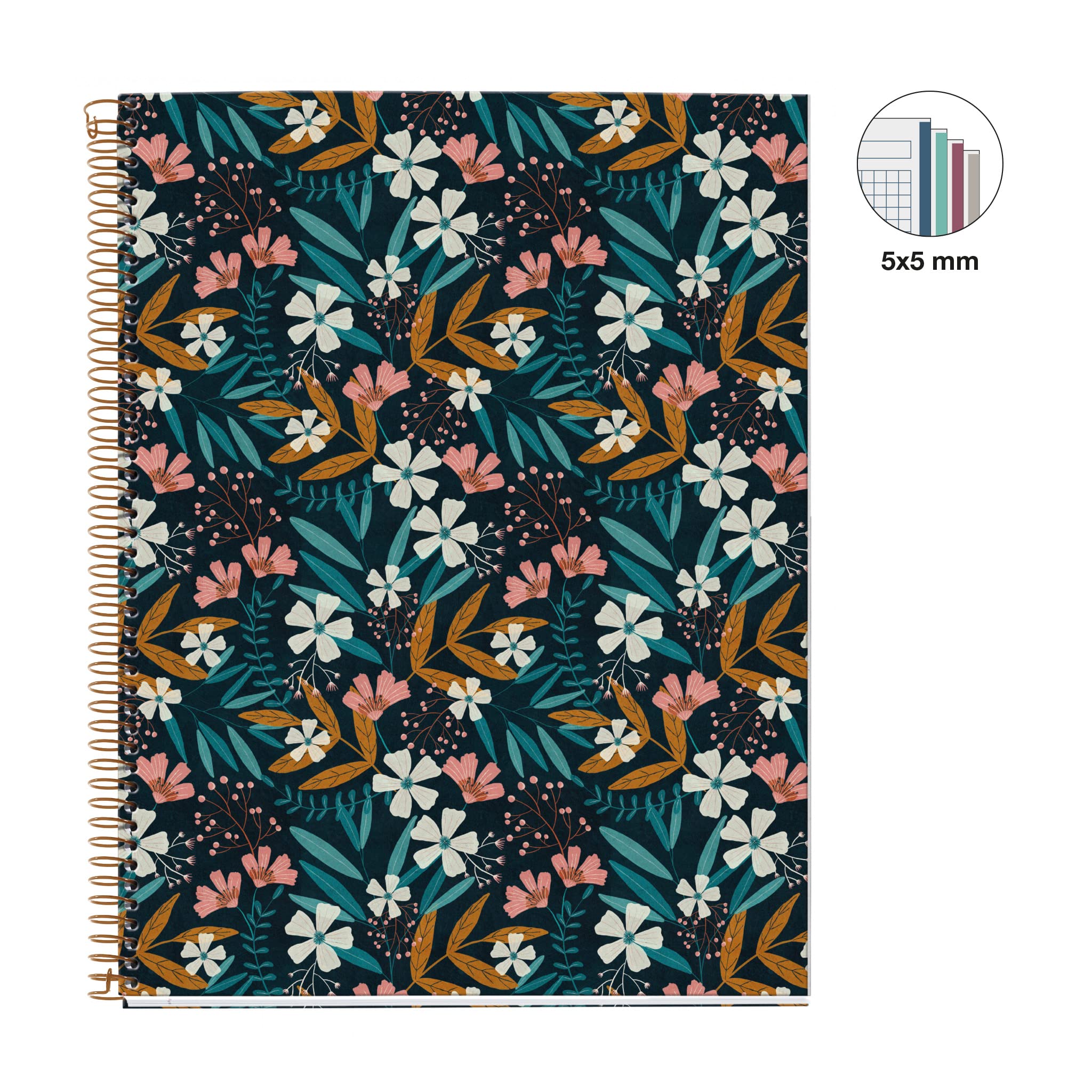 Miquelrius - A4 Notebook - 4 Colour Stripes - Grid 5 x 5 mm - 120 Sheets - Spiral - Wildflowers Collection - Blue Flowers - Image 2