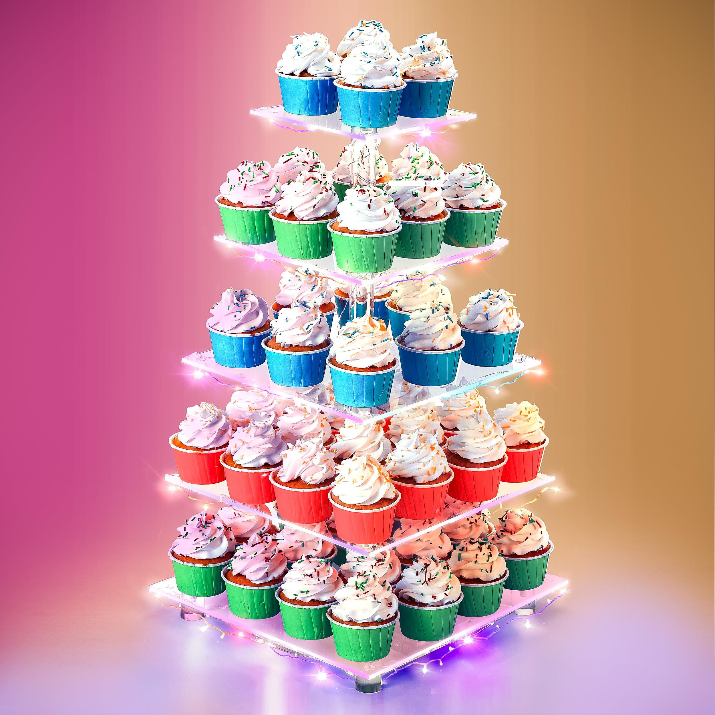 Utopia Home - Acrylic Cupcake Stand with LED Light Strings - 5 Tier Cupcake Tower - Cup Cake Tier Stand for Dessert Table - For Weddings Birthday Parties - Pack of 1 - Multi-Color