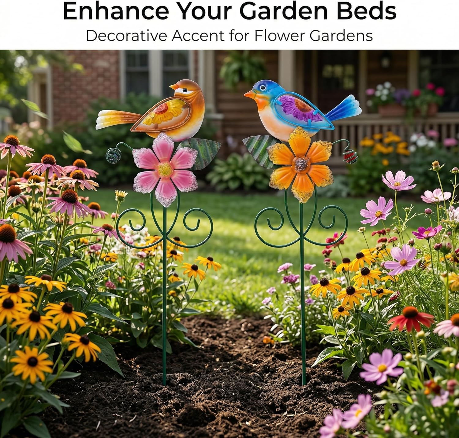 Topadorn Floral Garden Stake Outdoor Plant Pick Water Proof Metal Flower Stick for Lawn Yard Patio,Pathway Ornament,Set of 2,Flower and Bird