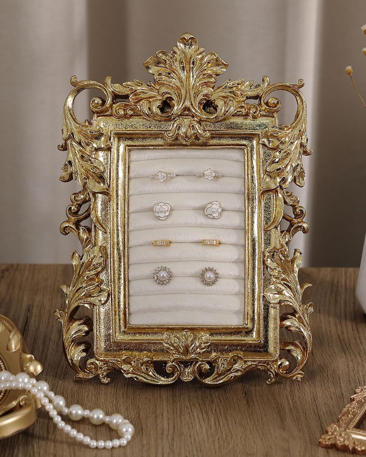 Wonderjune Jewelry Display Stand Vintage Necklace Organizer Ring Holder Earring Tray Resin Jewelry Photography Props Frame with Velvet Backing for Gifts