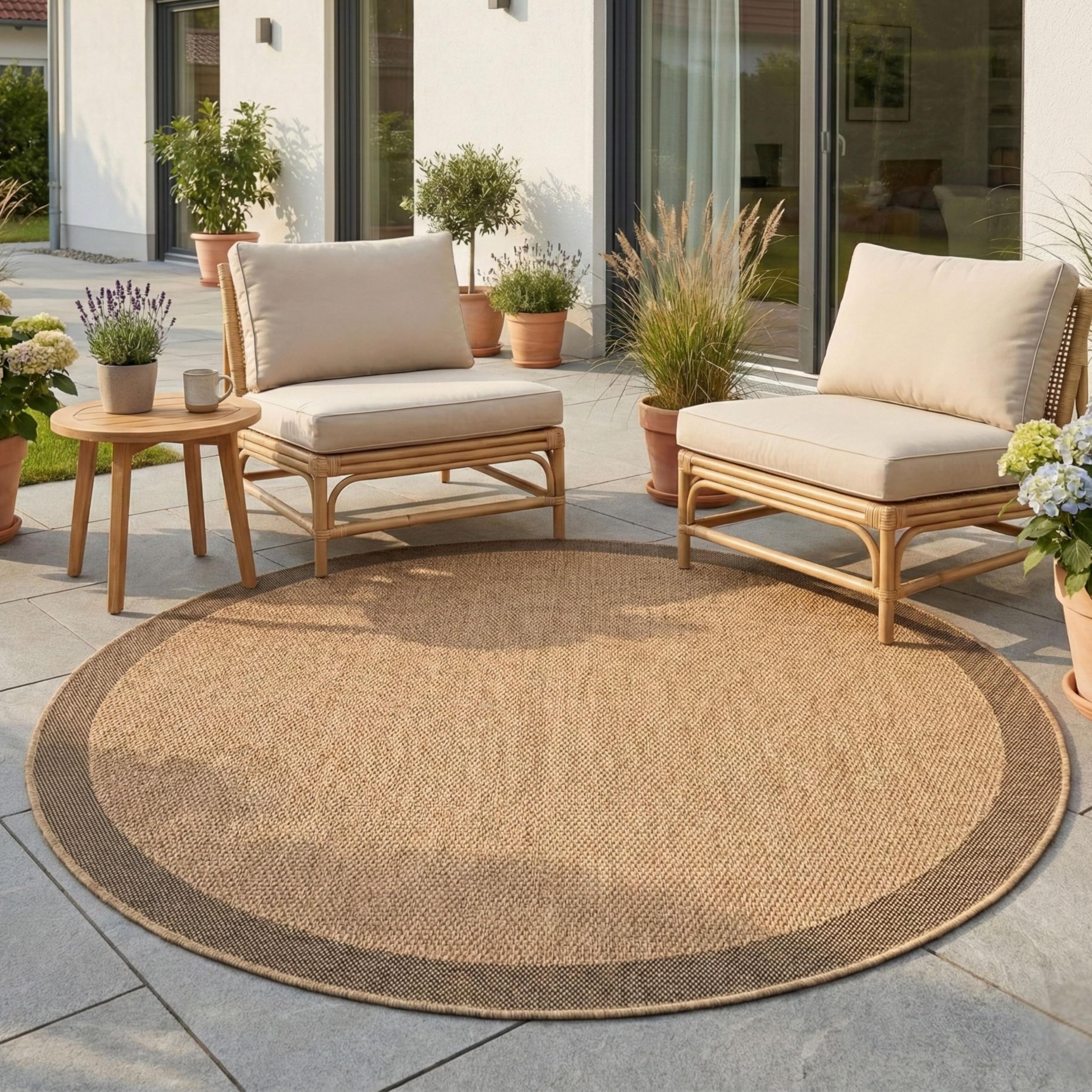 Teppium Tappeto Outdoor Rotondo 160 cm Beige, Resistente alle Intemperie Facile da Pulire, Tappeto Look Juta per Terrazza Giardino Soggiorno Sala da Pranzo