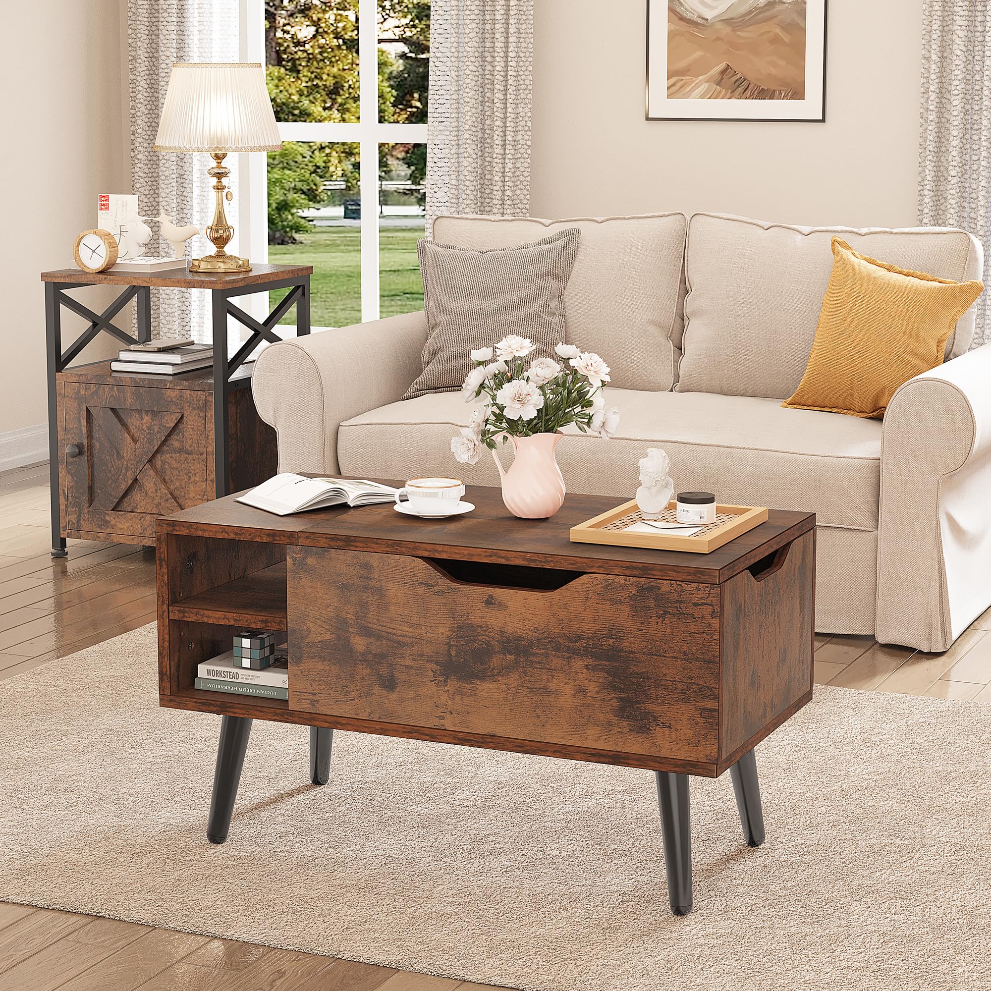 Lift Top Salontafel, Industriële Centrumtafel Met Pneumatische Lifting Multifunctionele Accenttafel Met Gesloten Compartiment 2 Deurs Kast Voor Woonkamer 106 X 55 X 44 5 Cm Grijs