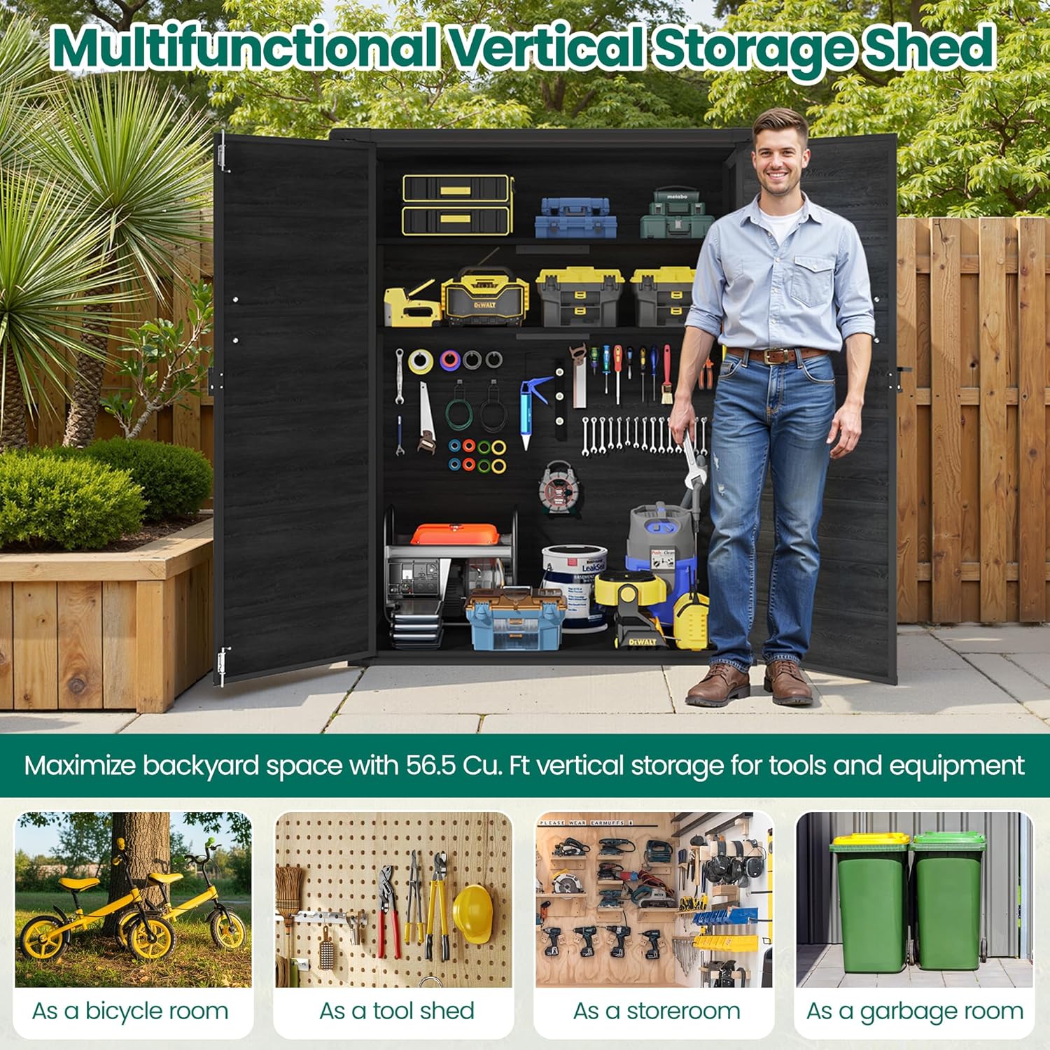 5 x 3 ft Vertical Outdoor Storage Shed, 56.8 Cu.Ft Resin Tool Shed with Lockable Double Doors, Weather-Resistant Outdoor Storage for Garden, Patio & Backyard