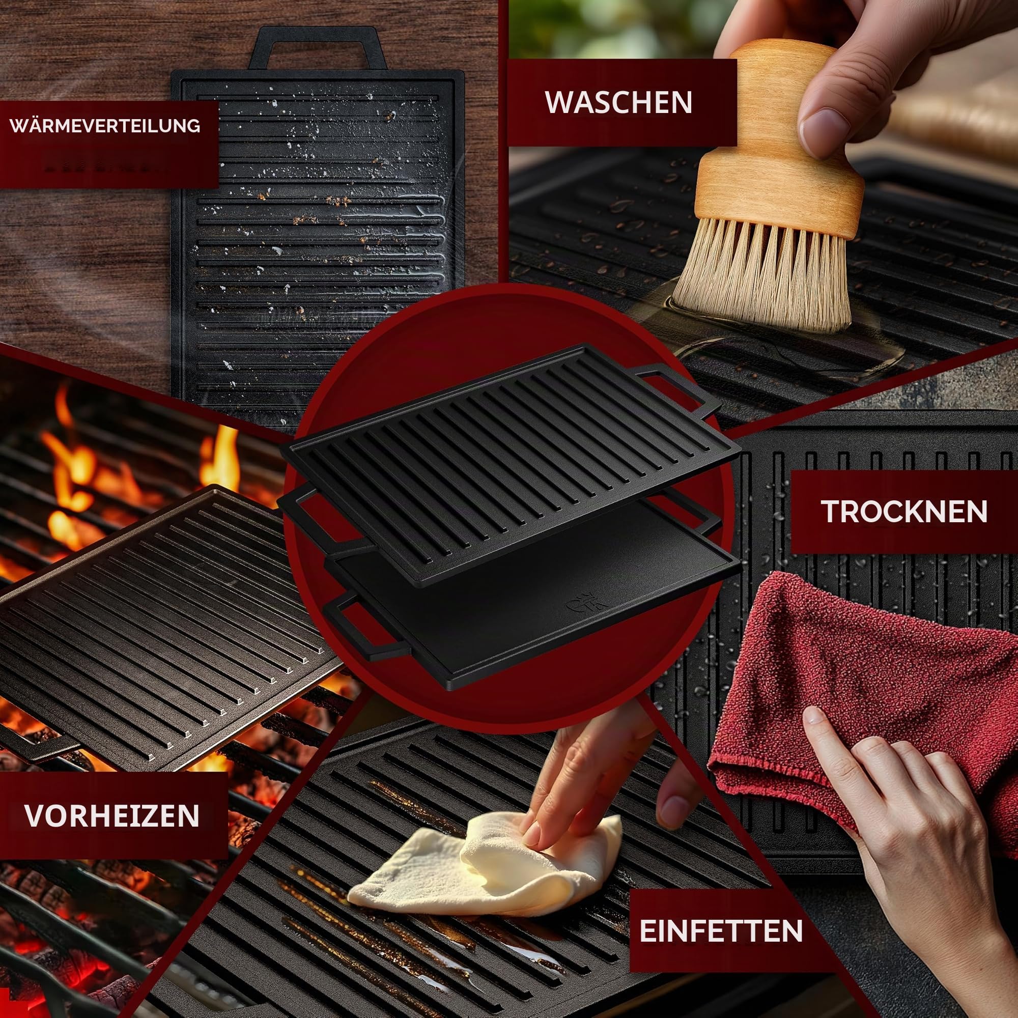 GUSSKÖNIG Gusseisen Grillplatte - 33cm Wendeplatte für Gasgrill, Induktion, Herd & Backofen - Grillplatte Induktion Gusseisen, GussGrillplatte, Cast Iron Grill Plate - inkl. Rezeptbuch & Pflegepaste