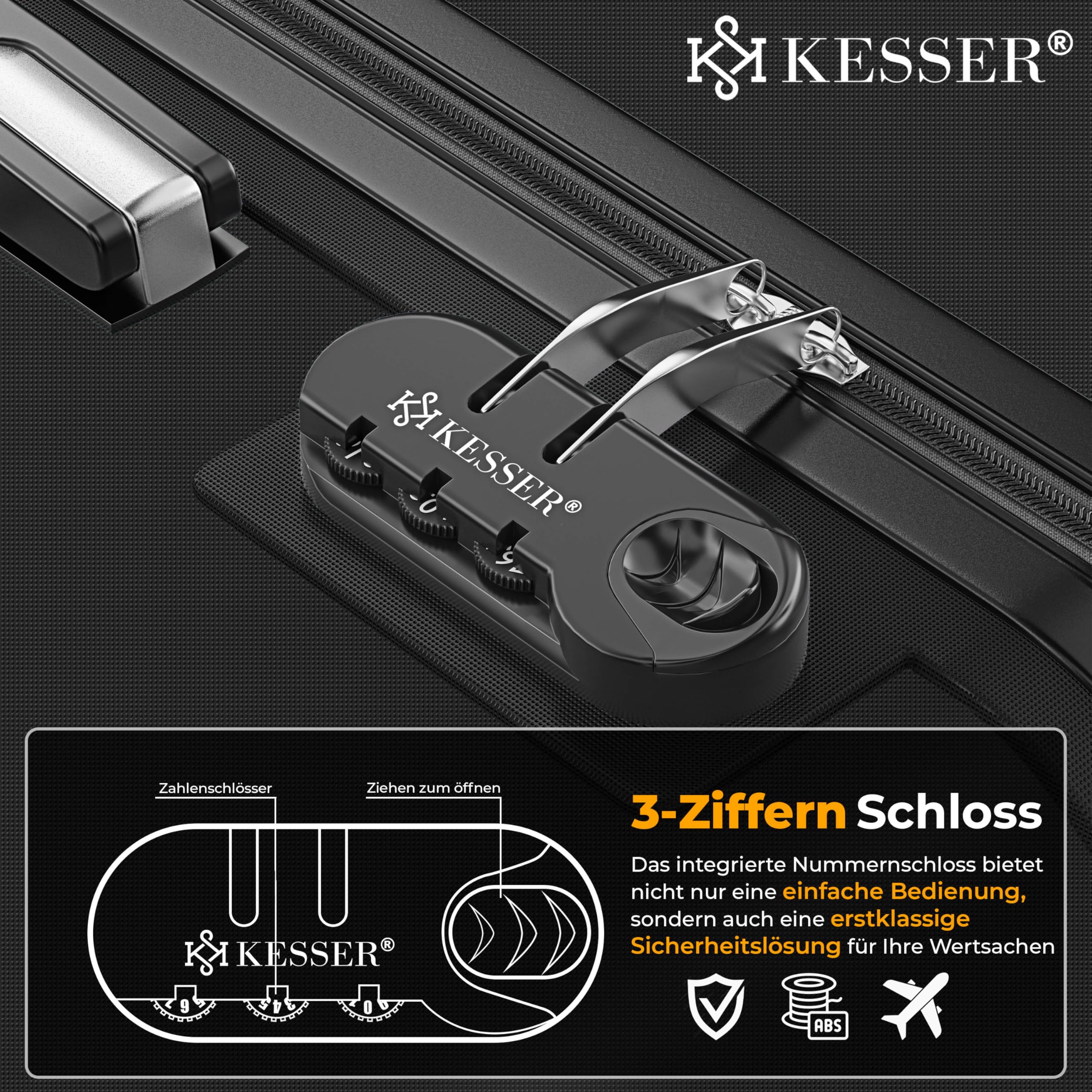 KESSER® 3tlg. Hartschalenkofferset Hartschalenkoffer Reisekoffer Set Reisekofferset Trolley Koffer 4 Rollen ABS-Hartschale Teleskopgriff Inkl. Kofferwaage + Gepäckanhänger Rollkoffer Schloss, M-L-XL