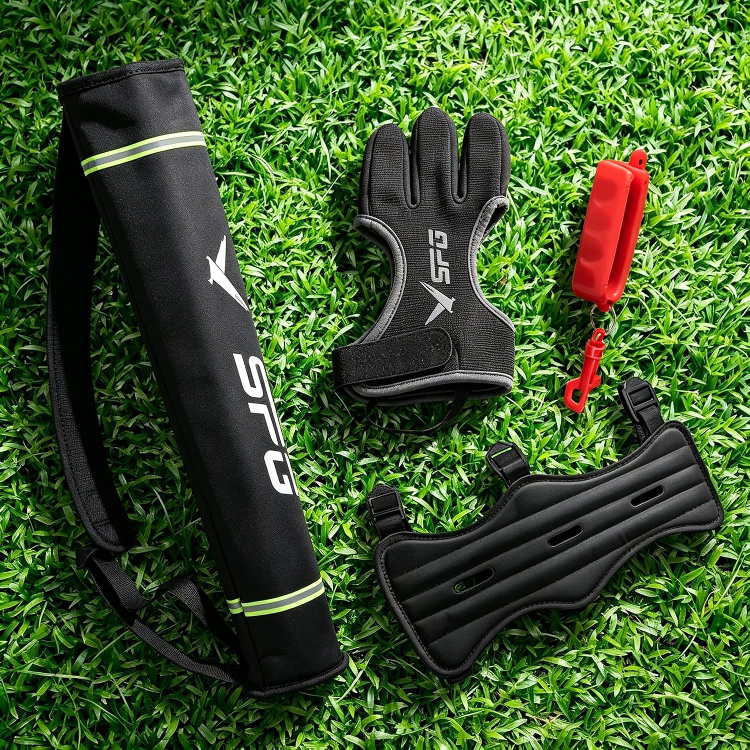 4Pcs Archery Protective Gear Bundle for Beginner Target Shooting | Archery Leather arm guard & gloves, back quiver, rubber arrow puller, adjustable fit, universal size, for target practice