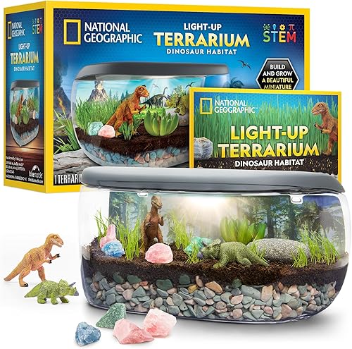 NATIONAL GEOGRAPHIC Kit de terrario iluminado para niños, kit de terrario de dinosaurio para niños, construye y cultiva un hábitat de dinosaurio con