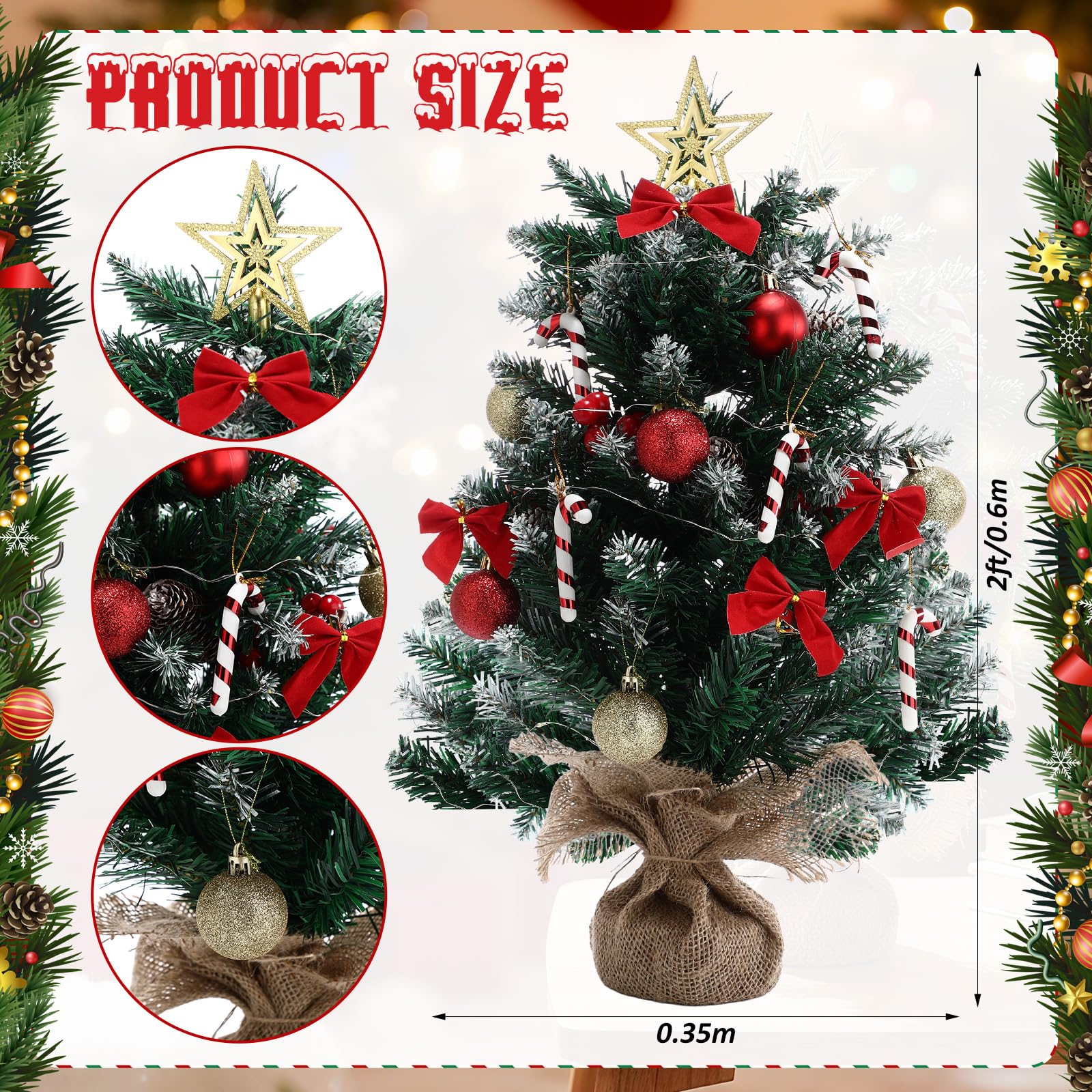 Soulchen Mini sapin de Noël artificiel de table avec lumière - 0,6 m - 61 cm - Mini sapin de Noël artificiel avec 30 lumières LED - Petit centre de table pour décoration d'intérieur et de vacances