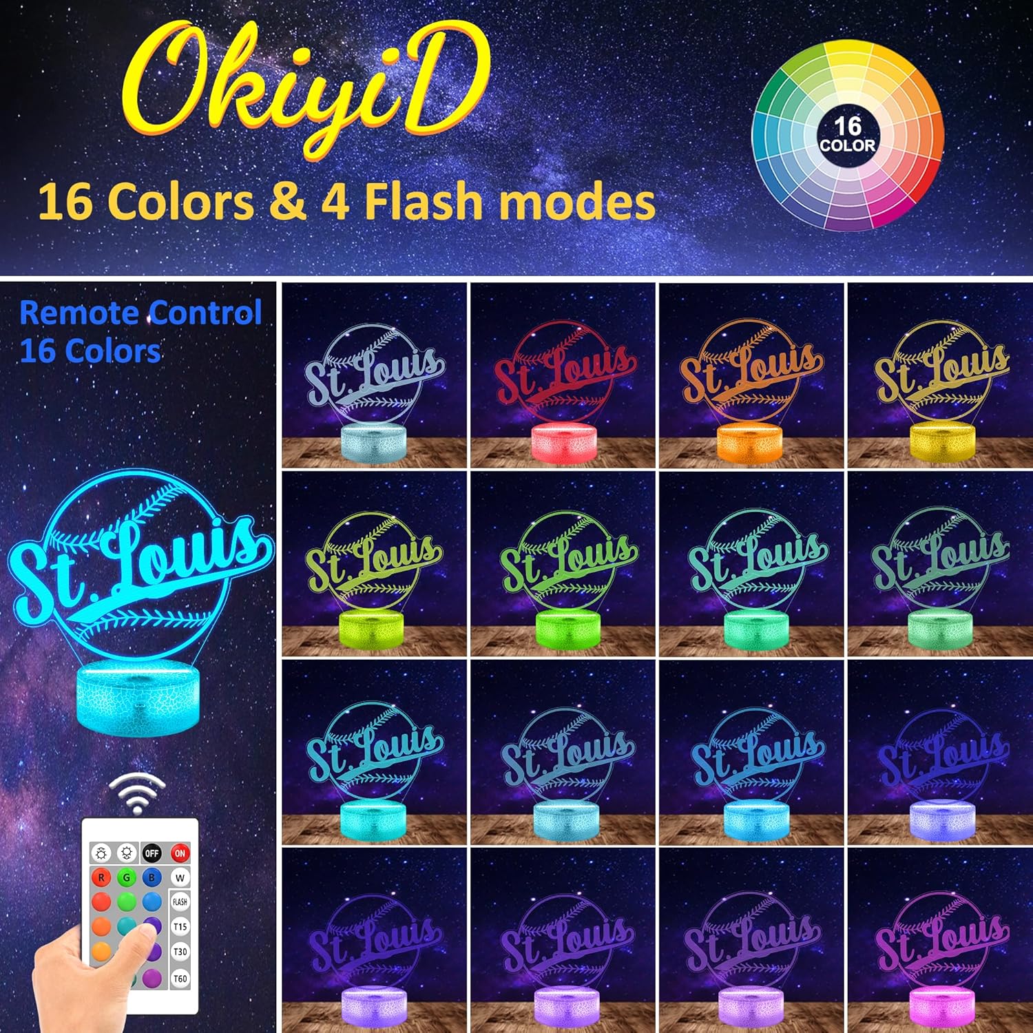OkiyiD Baseball Night Light, 3D Illusion Lamp with Remote, 16 Color Changing, Kids Room Decor, for Baseball Fans, Boys, Girls (St. Louis)