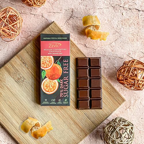 Miniatura 8 de Zevic 70% chocolate negro belga con ralladura de naranja 40 gm, endulzado con stevia, rico en vitamina C y anti, vegano y libre
