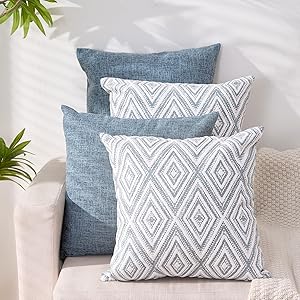 HPUK Decorative Throw Pillow Covers Set of 4 Square Couch Pillows Linen Cushion Cover for Couch Sofa Living Room, 18"x18" inches, Blue