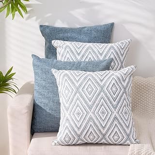 HPUK Set of 4 Blue Geometric Linen Throw Pillow Covers 18x18 Inch for Couch Sofa Bedroom Living Room