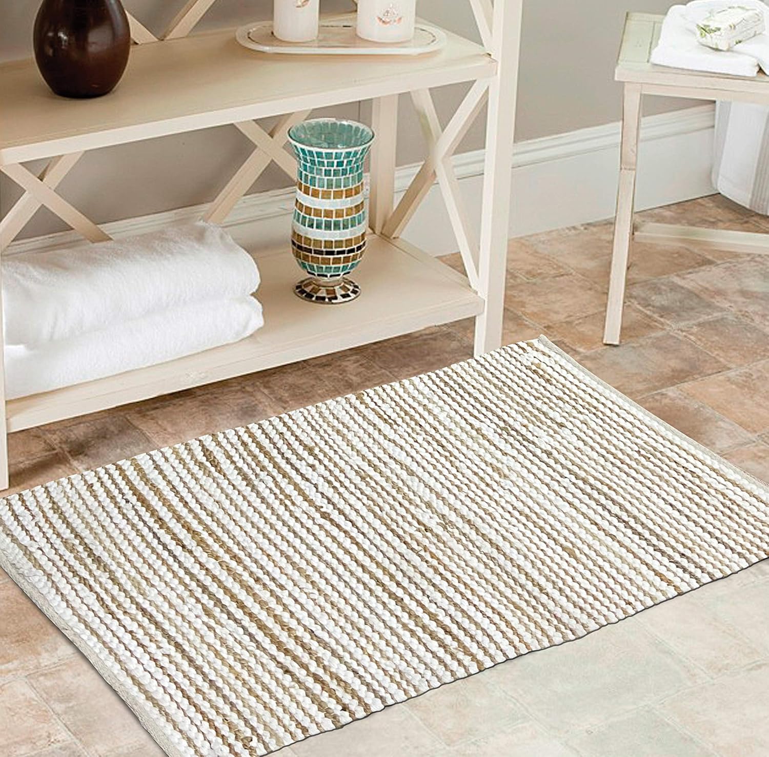 Ramanta Home Jute Cotton Rug 24x36 Inches Natural White, Handwoven Small Farmhouse Stripe Design Floor Rugs for Kitchen, Bedroom, Living Room, Entrance, Indoor | Accent Reversible for Home Décor