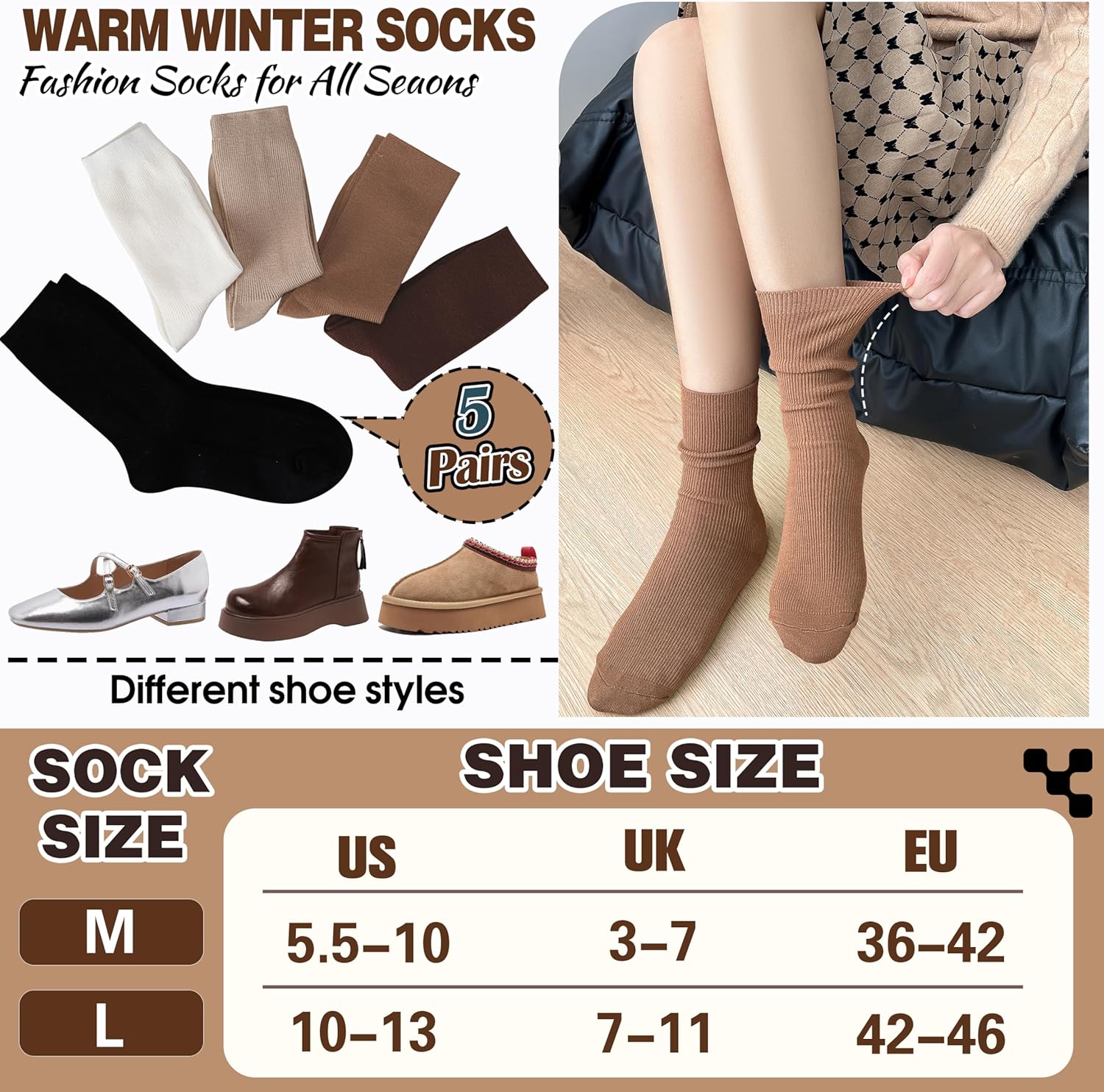 Thin Merino Wool Boot Socks Warm Winter Cozy Comfy Breathable Work Casual Socks for Women 5 Pairs - Image 4