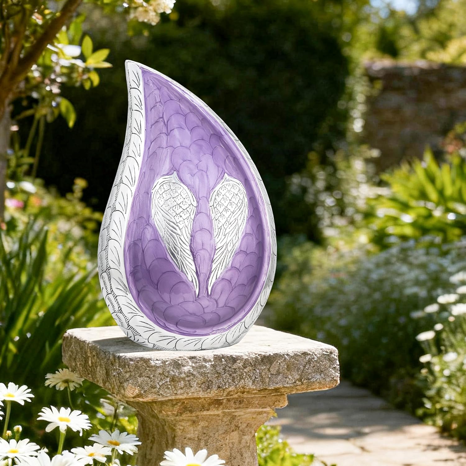 M MEILINXU Cremation Urns for Human Ashes Adult Female & Male, Tear Drop Urn for Ashes for Women & Man, Hand Engraved Angel Wings Urns, Funeral Decorative Urn for Burial, Purple - Large Teardrop - Image 5