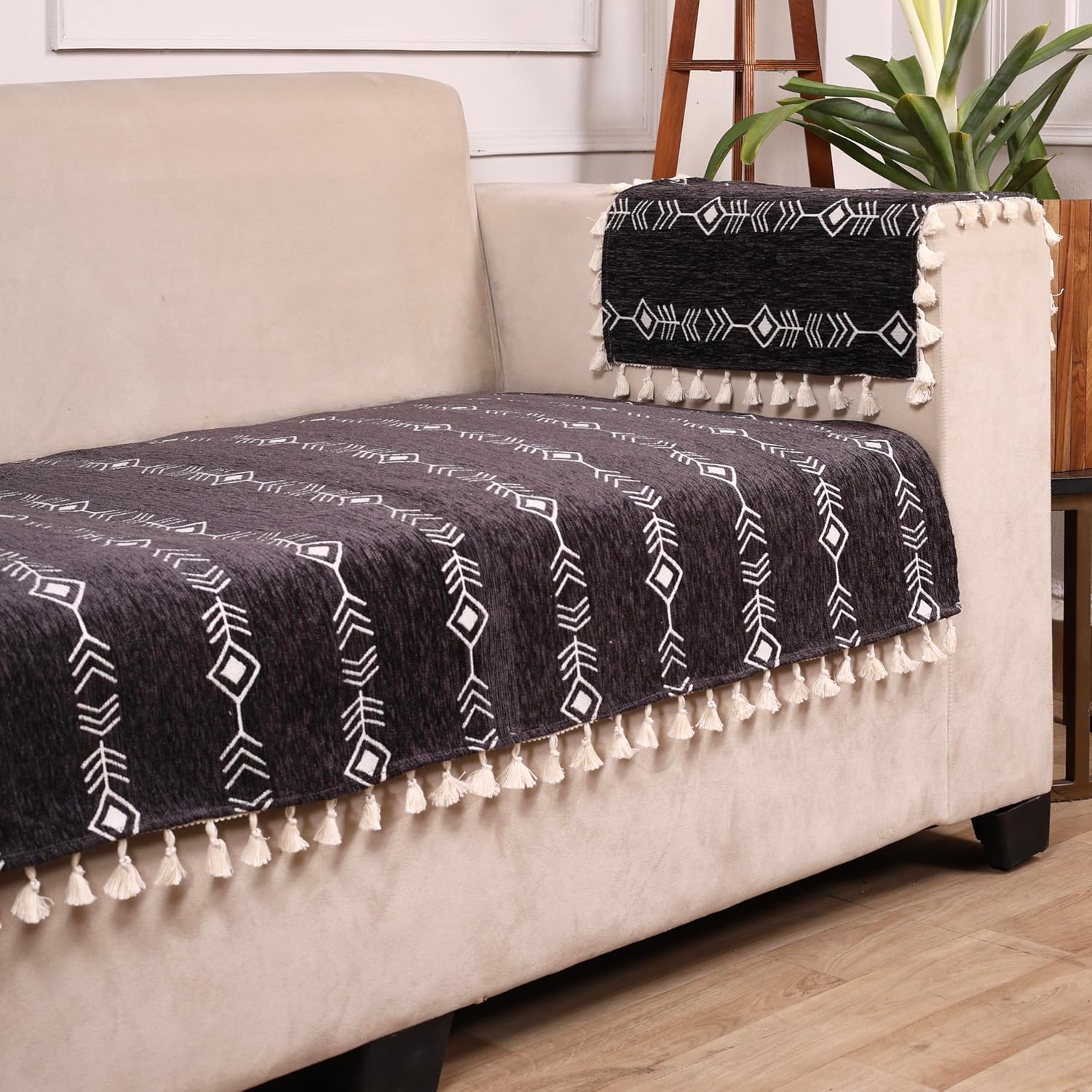 STITCHNEST Chenille Printed Sofa Cover 3 Seater with 2 Hand Rest Covers – Washable Black Sofa Cover with Tassels – Durable Premium Fabric – Stylish Sofa Protector for Living Room & Furniture Decor
