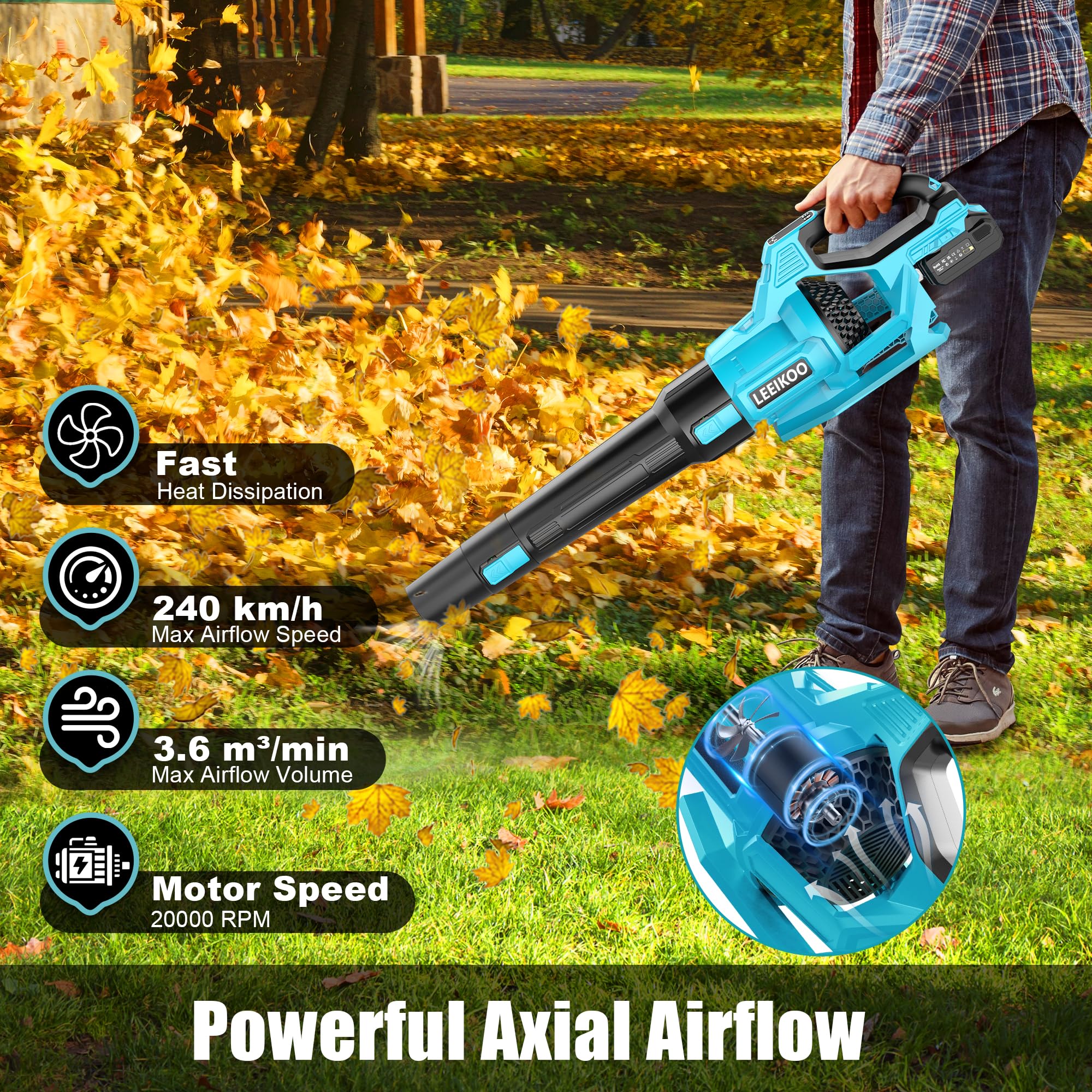 Souffleur Batterie, 21V Souffleur de Feuilles avec 2 Batteries 4,0Ah, 3 Vitesses, 2 Tubes de Soufflage, Sangle Souffleur à Batterie pour Nettoyage de Jardin