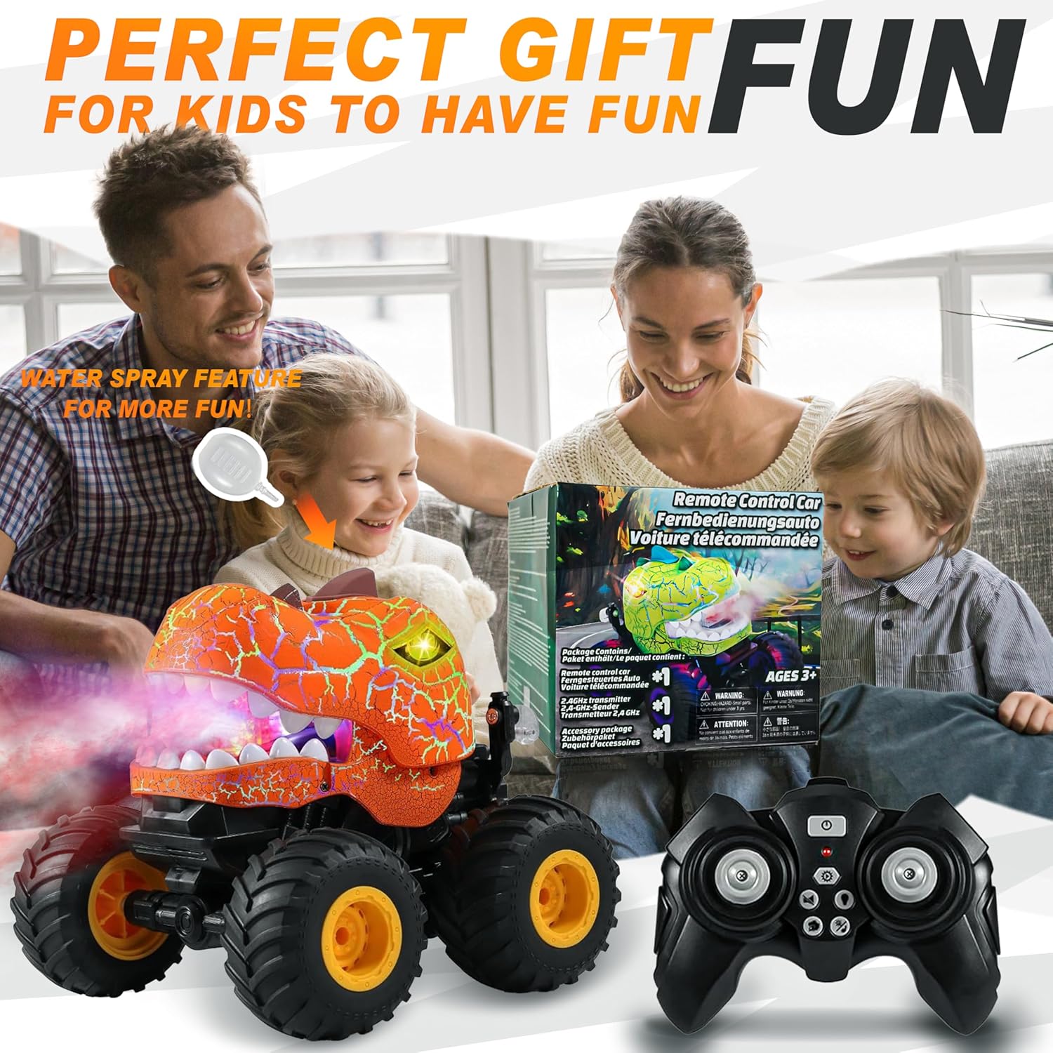 BEZGAR Monster Truck Toys - Remote Control Monster Truck with Spray, Light, Music, Dinosaur Toys for Kids, 1:20 Scale RC Truck with 360° Spins and Drifting, Remote Control Car for Boys 4-7 Orange - Image 7