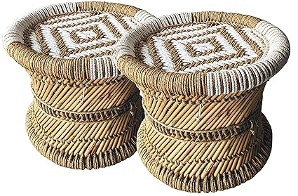 Handmakers ! Natural Bamboo (SARKANDA) Mudda Stool with Beige and White (13x17) Set of 2