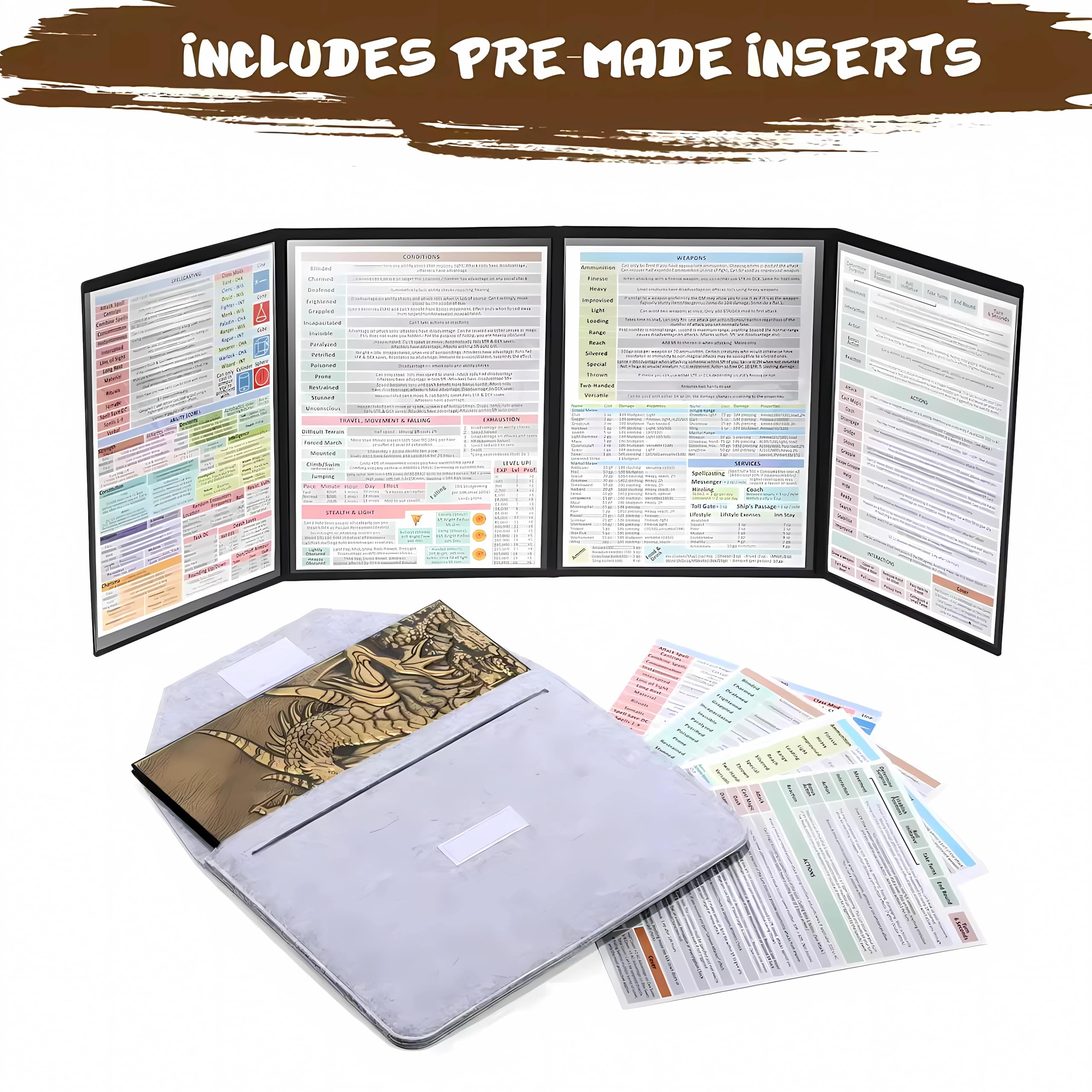 LIEFY DND DM Screen D&D Dungeon and Dragons Écran de jeu en cuir synthétique 3D gaufré avec motif dragon et 4 panneaux avec poches - Cadeau DND - Accessoire DND (laiton)