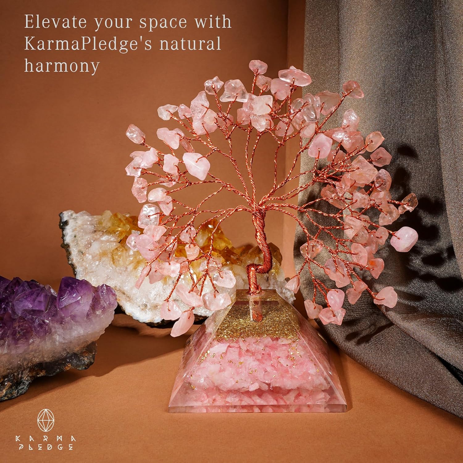 Rose Quartz Crystal Tree Good Luck Birthday Gifts for Women Mom Friends Sister Home and Office Desk Decor, Pyramid Base Reiki Healing Stones Chakra Tree of Life for Positive Energy, Money, Sucess - Image 4