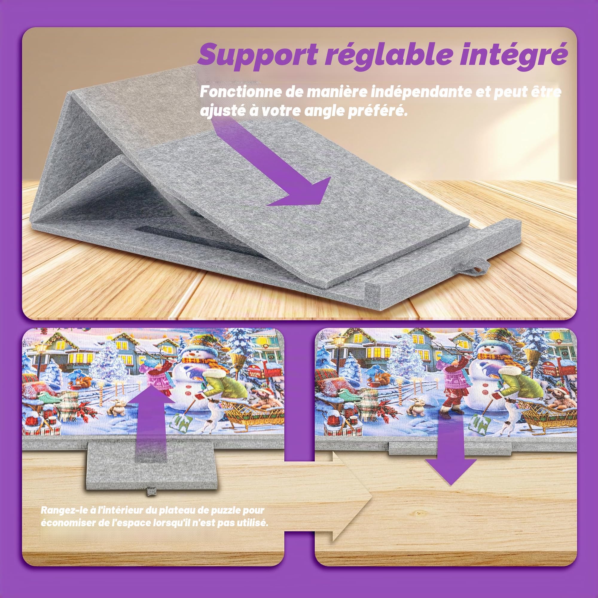 Tektalk Table de Puzzle Portable avec Support/Support réglable intégré et Housse Amovible, Plateau de Puzzle en Feutre Super léger à 3 Angles d'inclinaison, jusqu'à 1000 pièces, Gris Clair