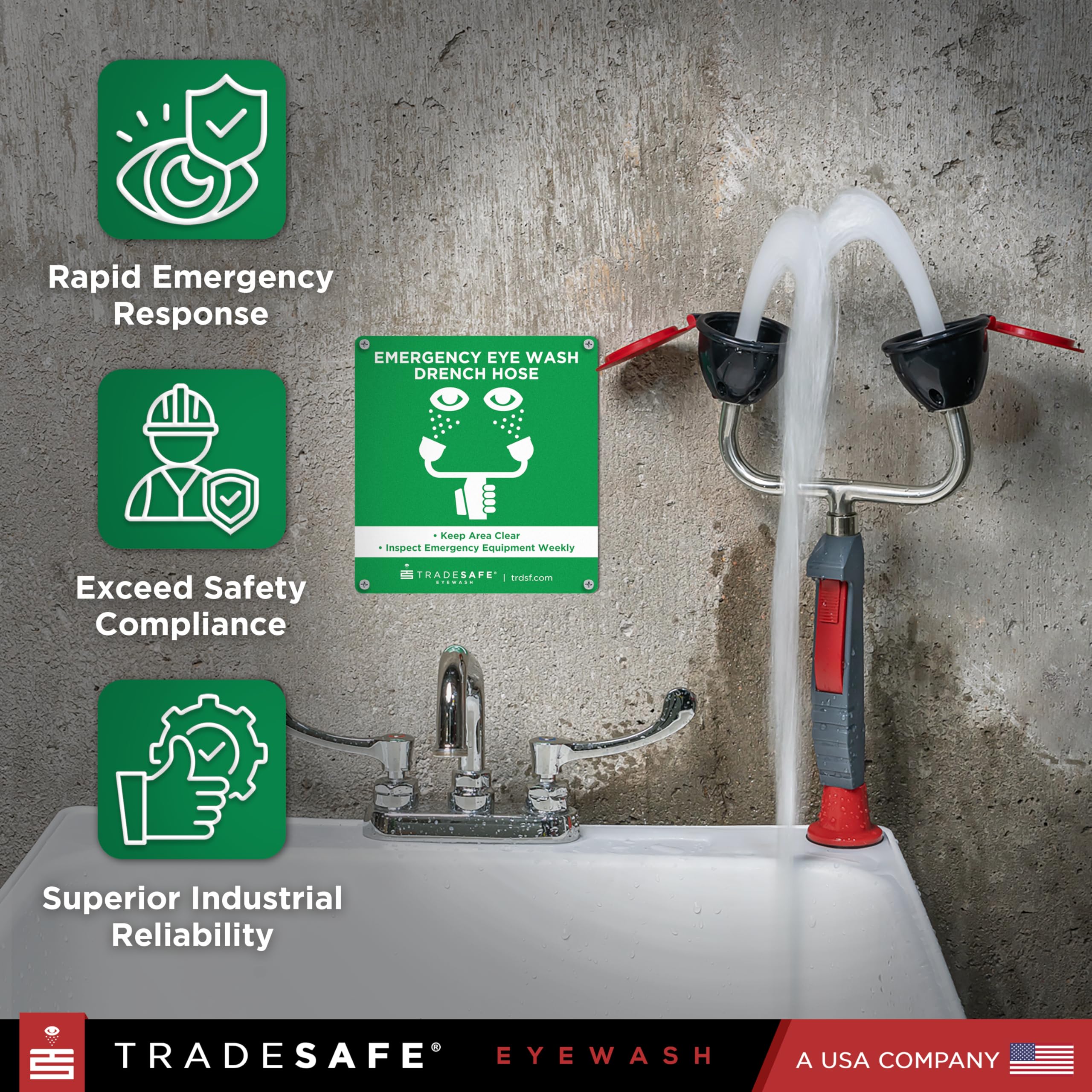 TRADESAFE Station de lavage oculaire d'urgence – Station de lavage oculaire portable approuvée par l'OSHA, station de lavage oculaire à double tête, station de lavage oculaire murale et sur le pont