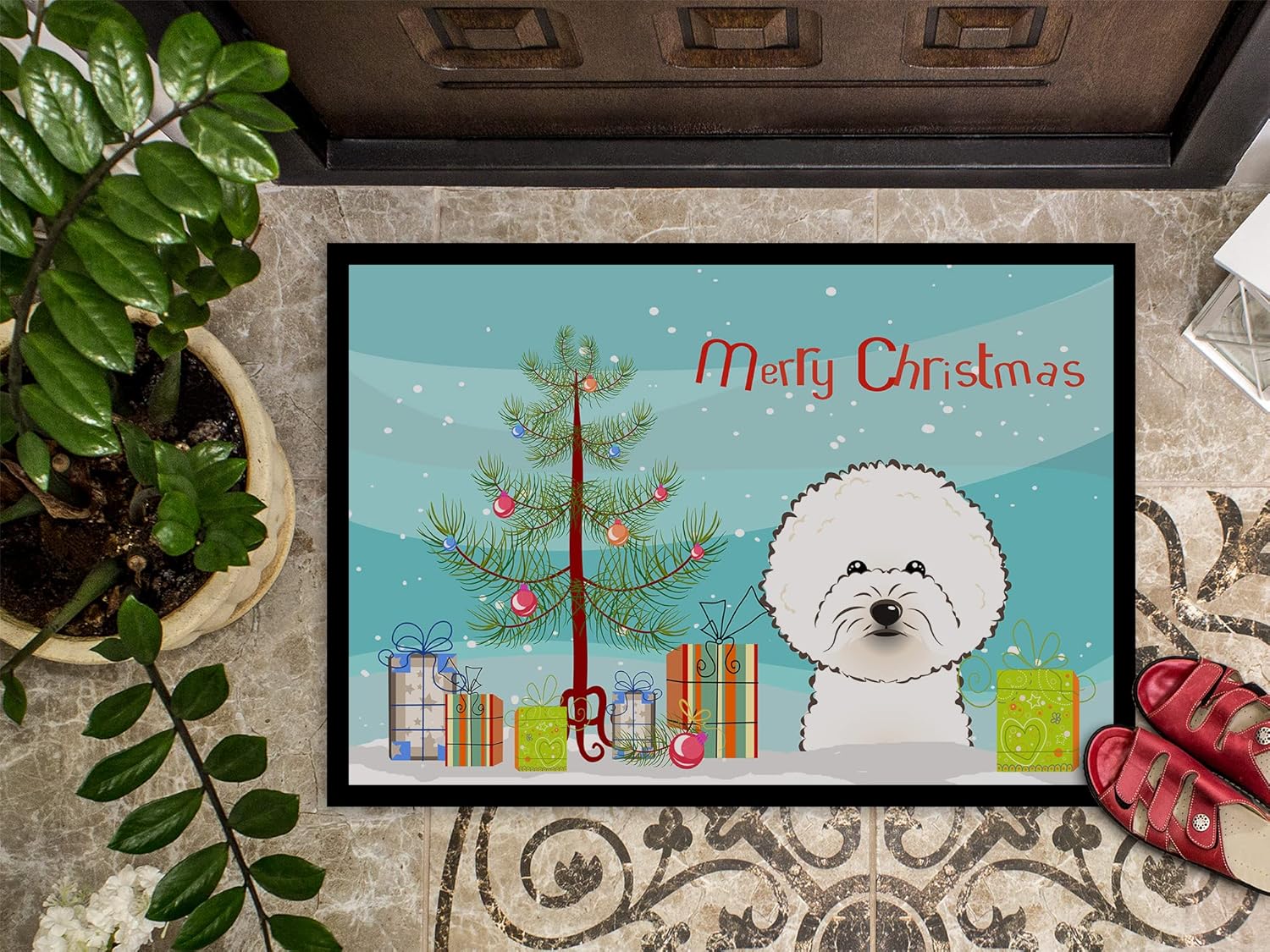 Caroline's Treasures BB1589MAT Christmas Tree and Bichon Frise Doormat 18x27 Front Door Mat Indoor Outdoor Rugs for Entryway, Non Slip Washable Low Pile, 18H X 27W