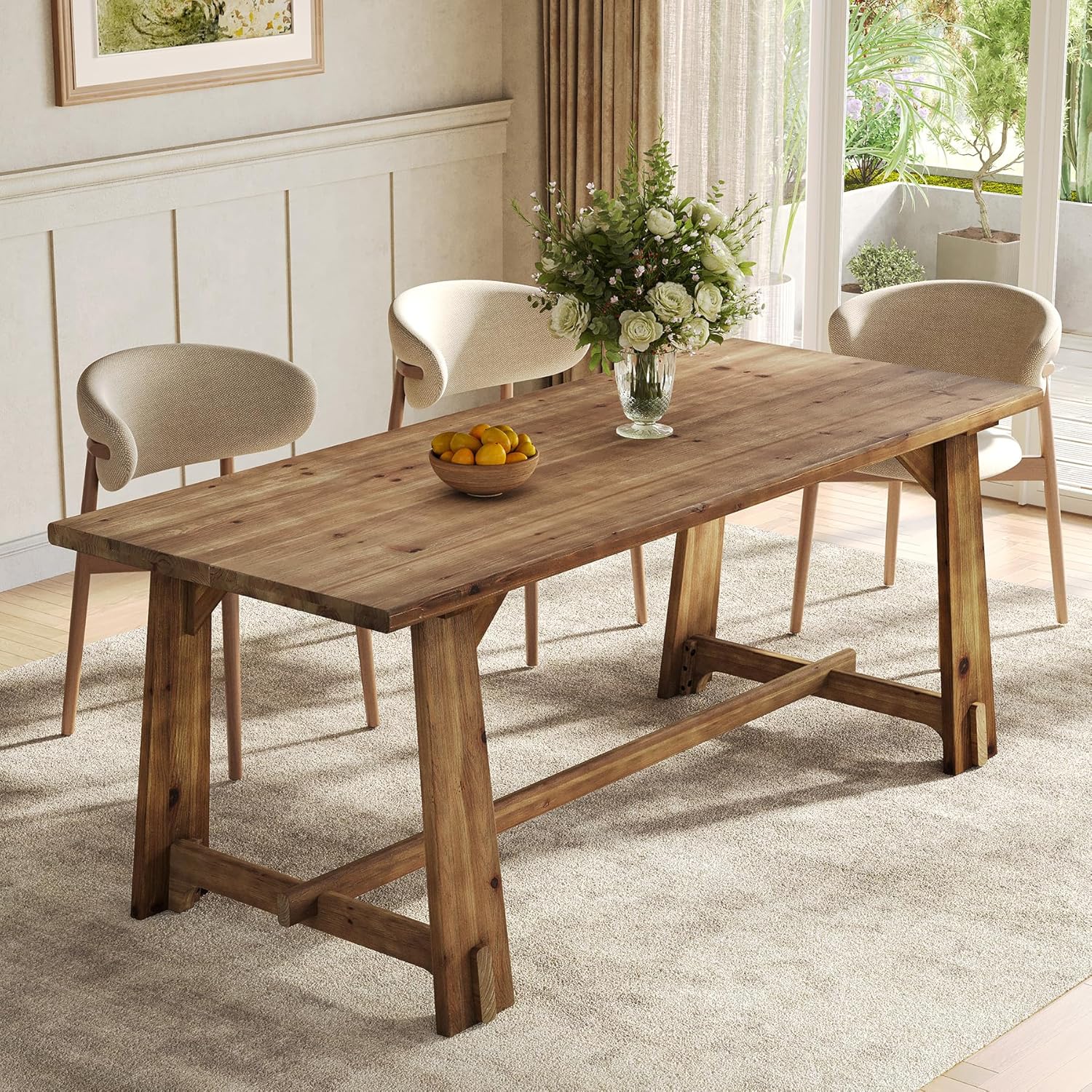 LITTLE TREE Solid Wood Dining Table for 6, 63-Inch Rustic Dining Room Tables, Wood Rectangular Kitchen Dinner Table for 4, Farmhouse Brown