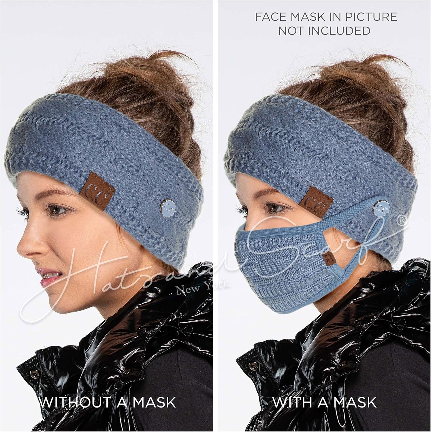 C.C Winter Fuzzy Fleece Lined Thick Knitted Headband Headwrap Epoxy Button for Face Masks (BHW-1) (A Button Cinnamon) - Image 6