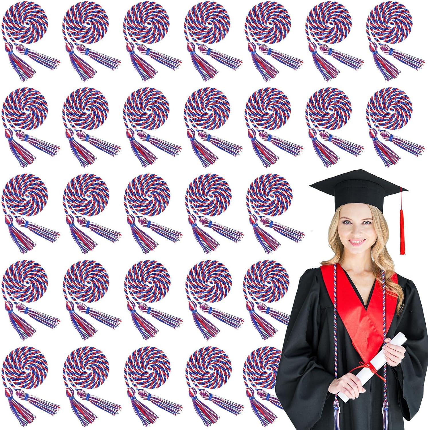 Geosar 48 Pcs Graduation Cords, Honor Cords with Tassel for Bachelor, Master, Doctor Graduation Ceremonies (Blue and White)