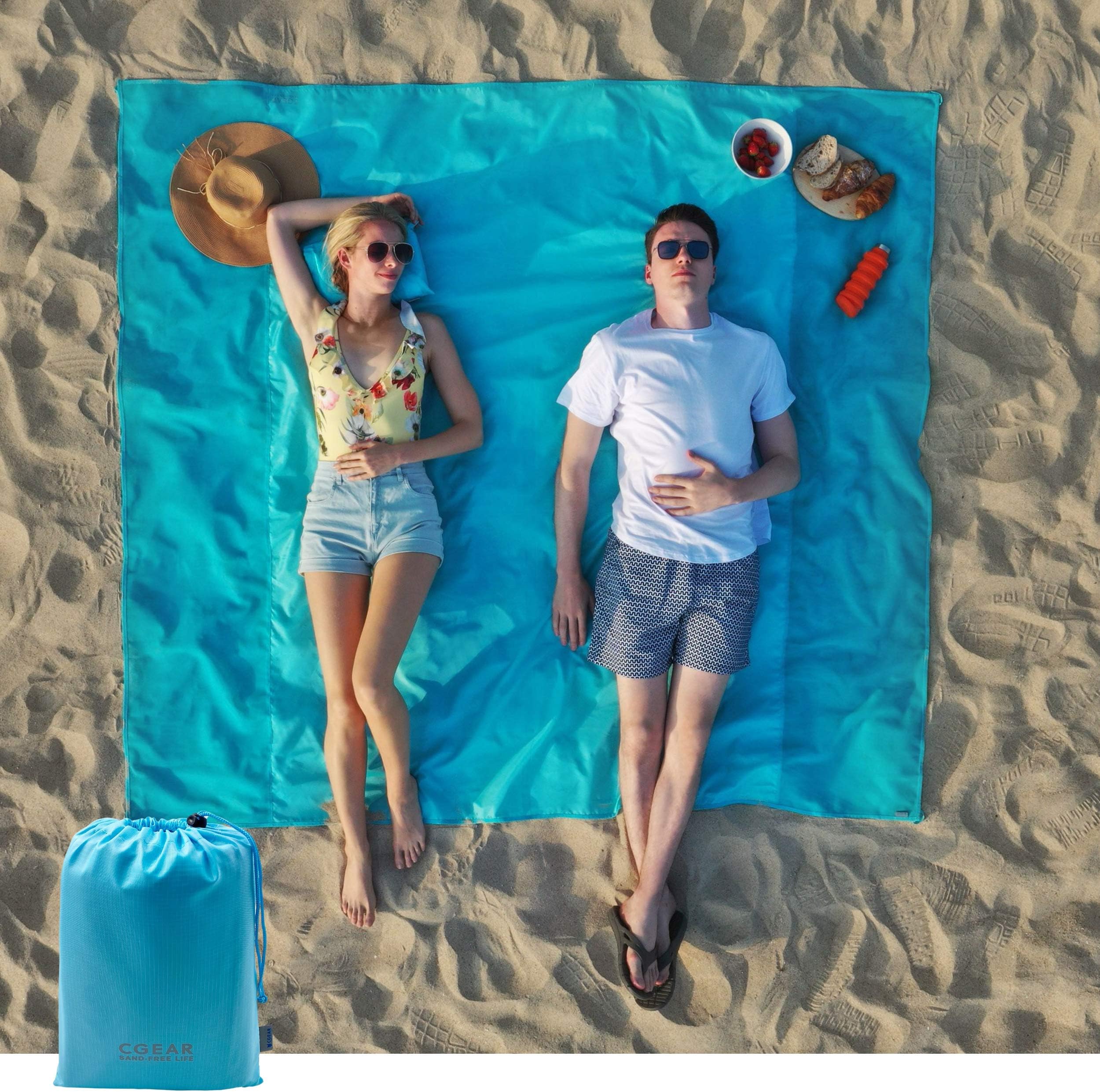 CGEAR Compact Beach Blanket Mat – Lightweight Design for Multiple Uses – Featuring Sand-Free Sides, Camping Pad, Travel and Picnic Mat – Easily Packable – Aqua Ocean