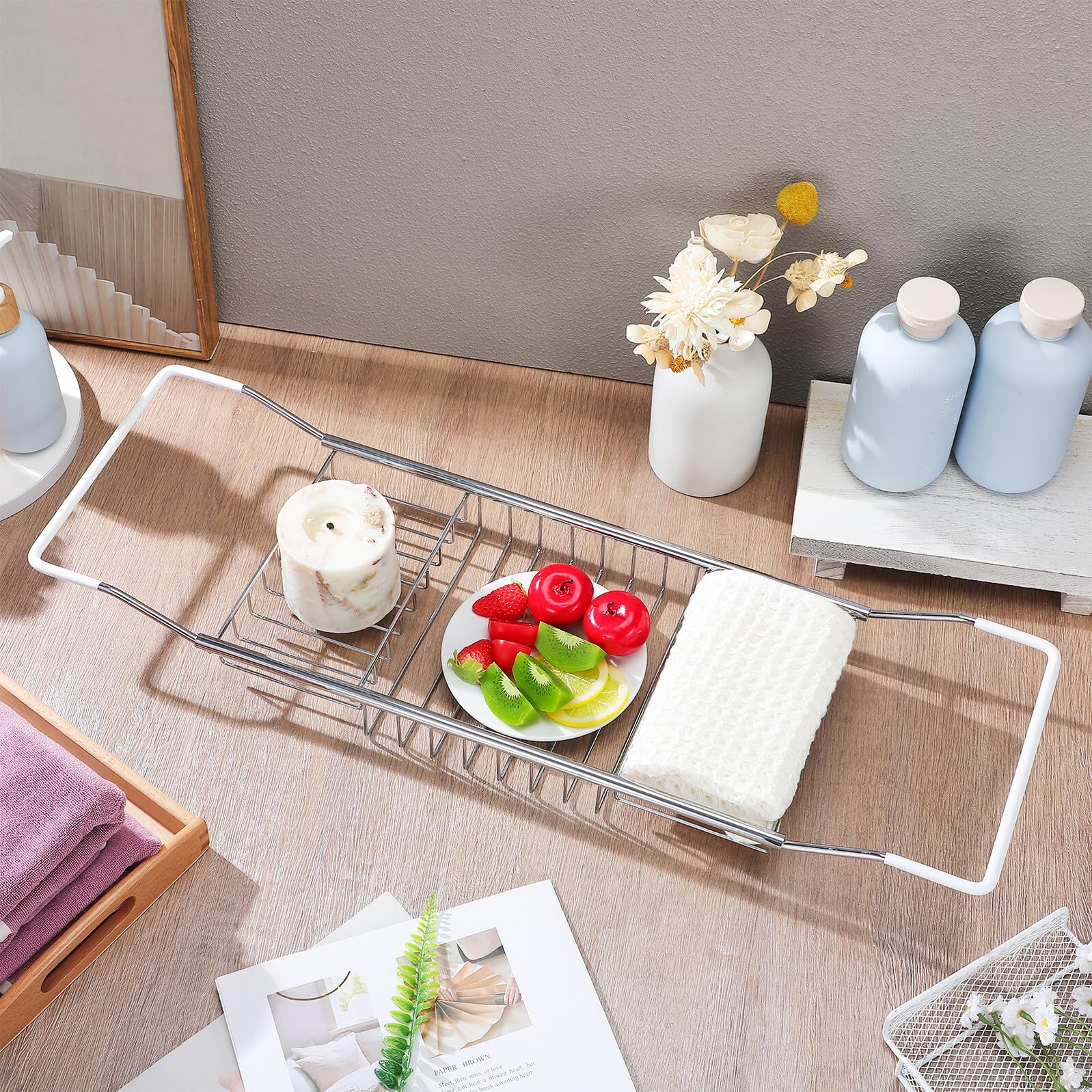 CALLARON Bandeja de Acero Inoxidable para Bañera Soporte Telescópico Multifuncional, Estante Ajustable para Libros y Tabletas, Adecuado para Baño Relajante