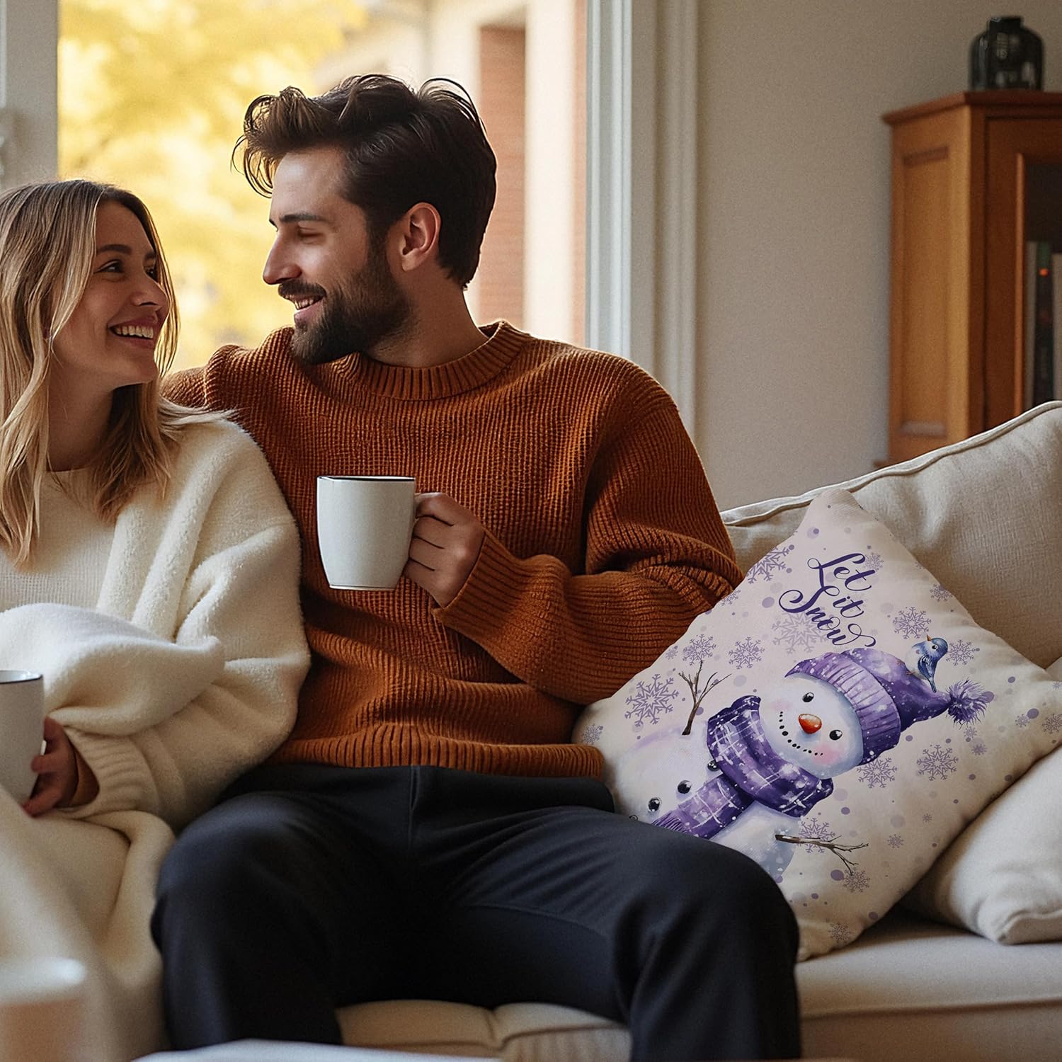 Purple Christmas Snowflake Snowman Pillow Covers 18x18 Set of 2, Winter Home Decor, Purple Hello Winter Snowman Holiday Xmas Decorative Pillow Covers for Home Living Room Bedroom