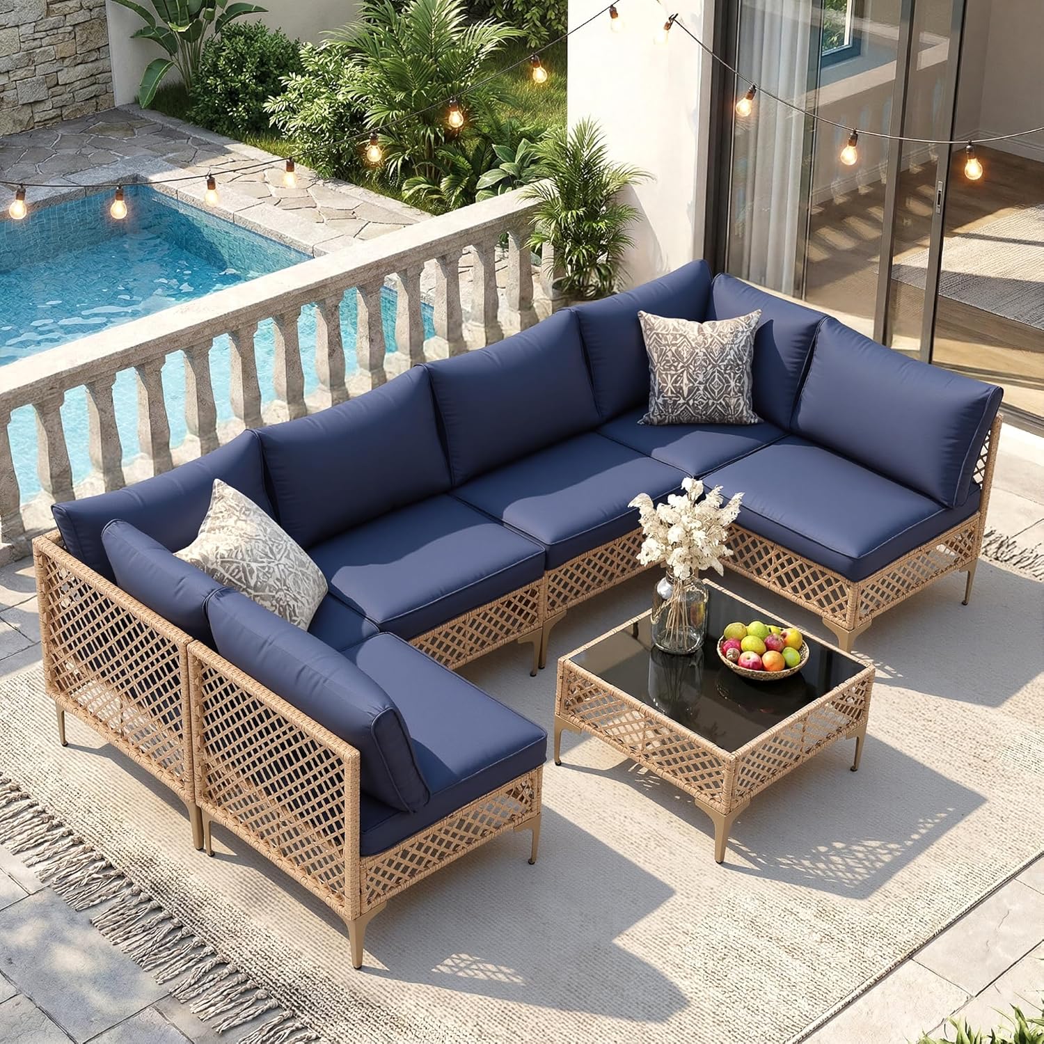 FHFO 7 Pieces Outdoor Patio Furniture Set, Outdoor Conversation Sets Wicker Sectional Couch Rattan Sofa with Thick Cushions & Coffee Table for Garden, Balcony, Backyard, Grey-Grey