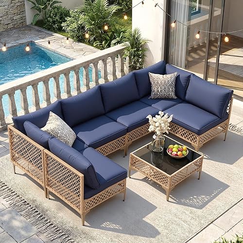 FHFO 7 Piece Patio Furniture Set, Outdoor Wicker Modular Sectional Patio Conversation Set with Thicker Cushion & Tempered Glass Coffee Table for Backyard, Poolside, Porch (Yellow/Blue)